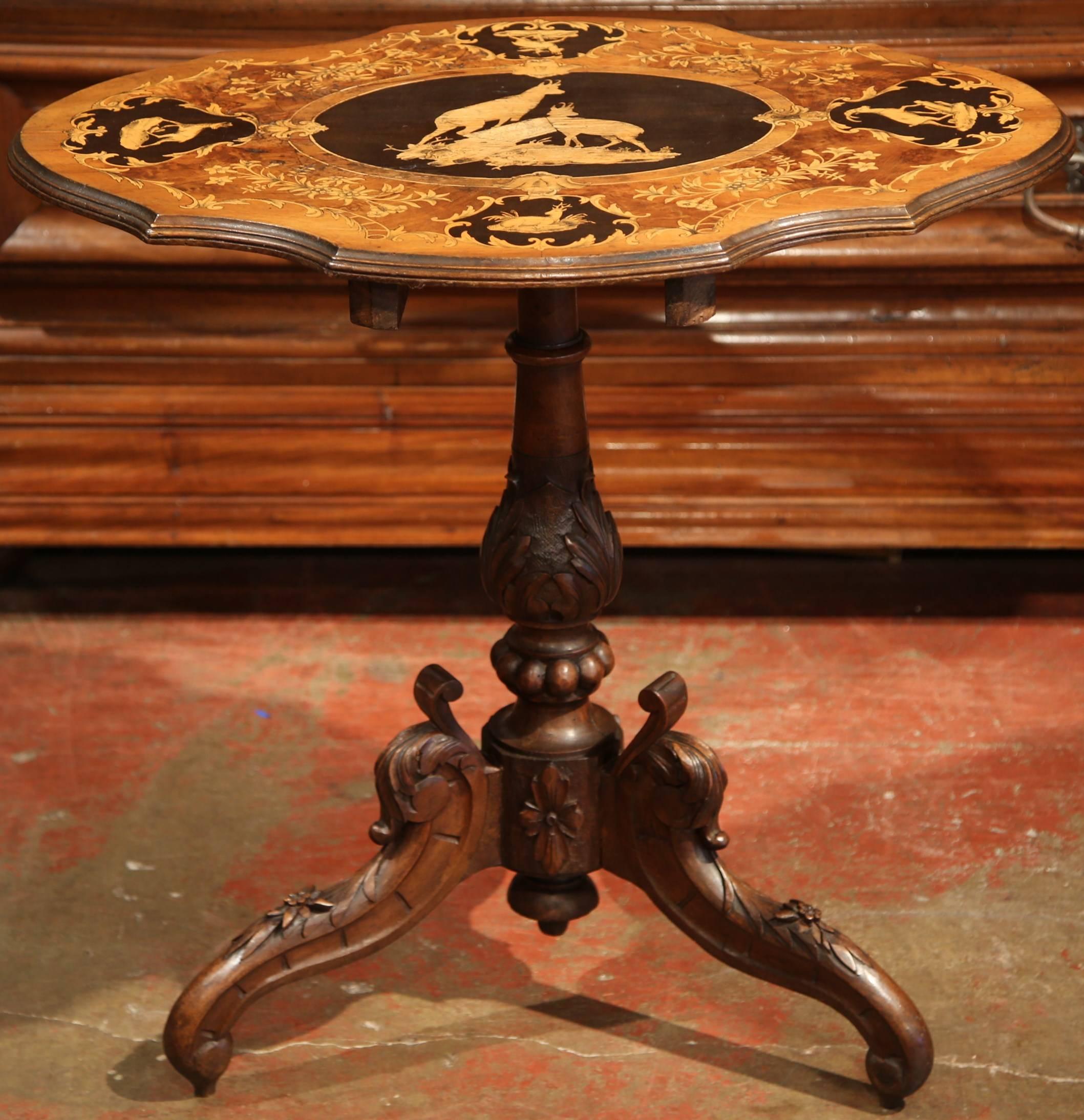 19th Century French Black Forest Carved Walnut Pedestal with Deer Scenes Inlay In Excellent Condition In Dallas, TX