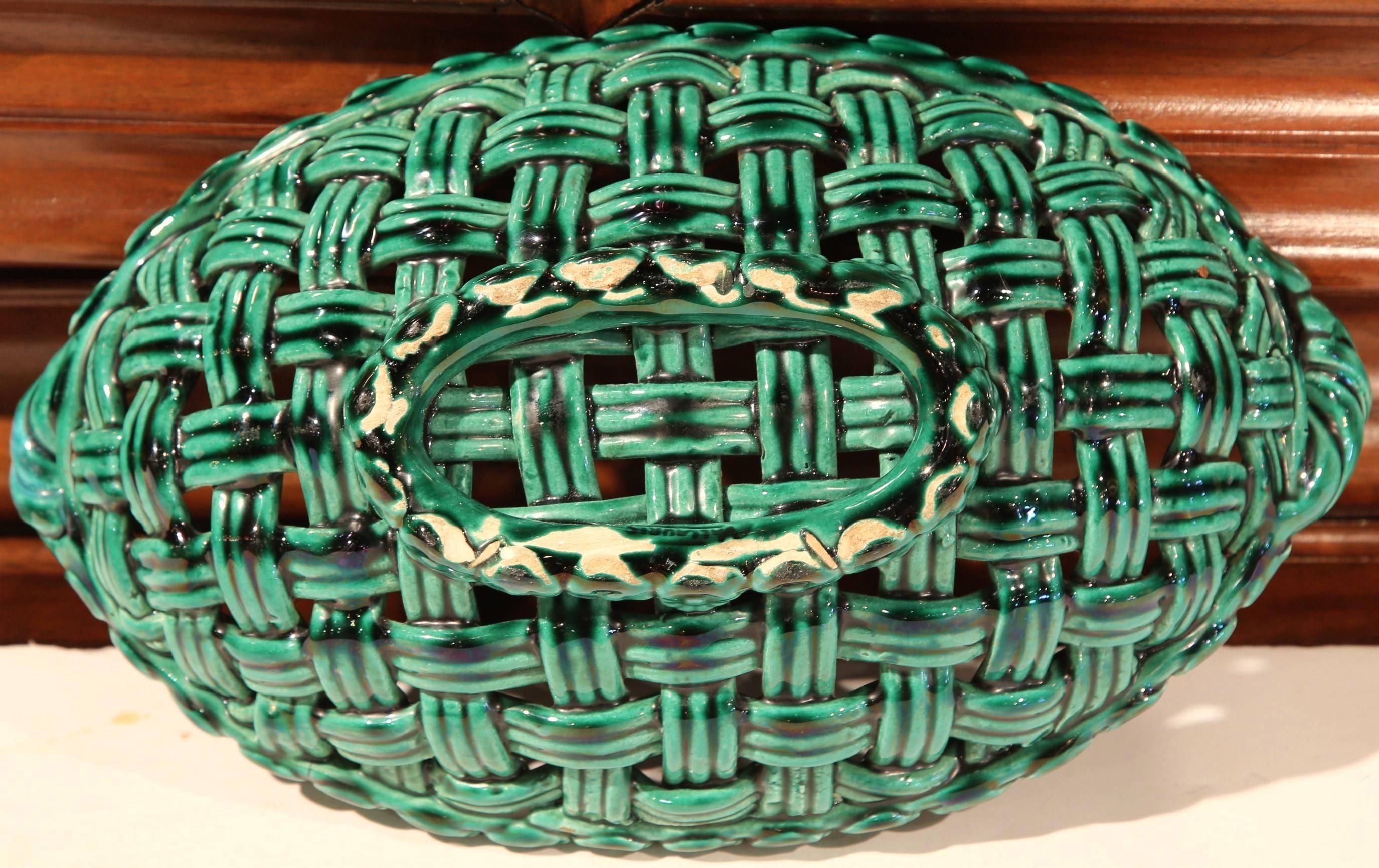 Early 20th Century French Hand-Painted Green Barbotine Weave Basket 1