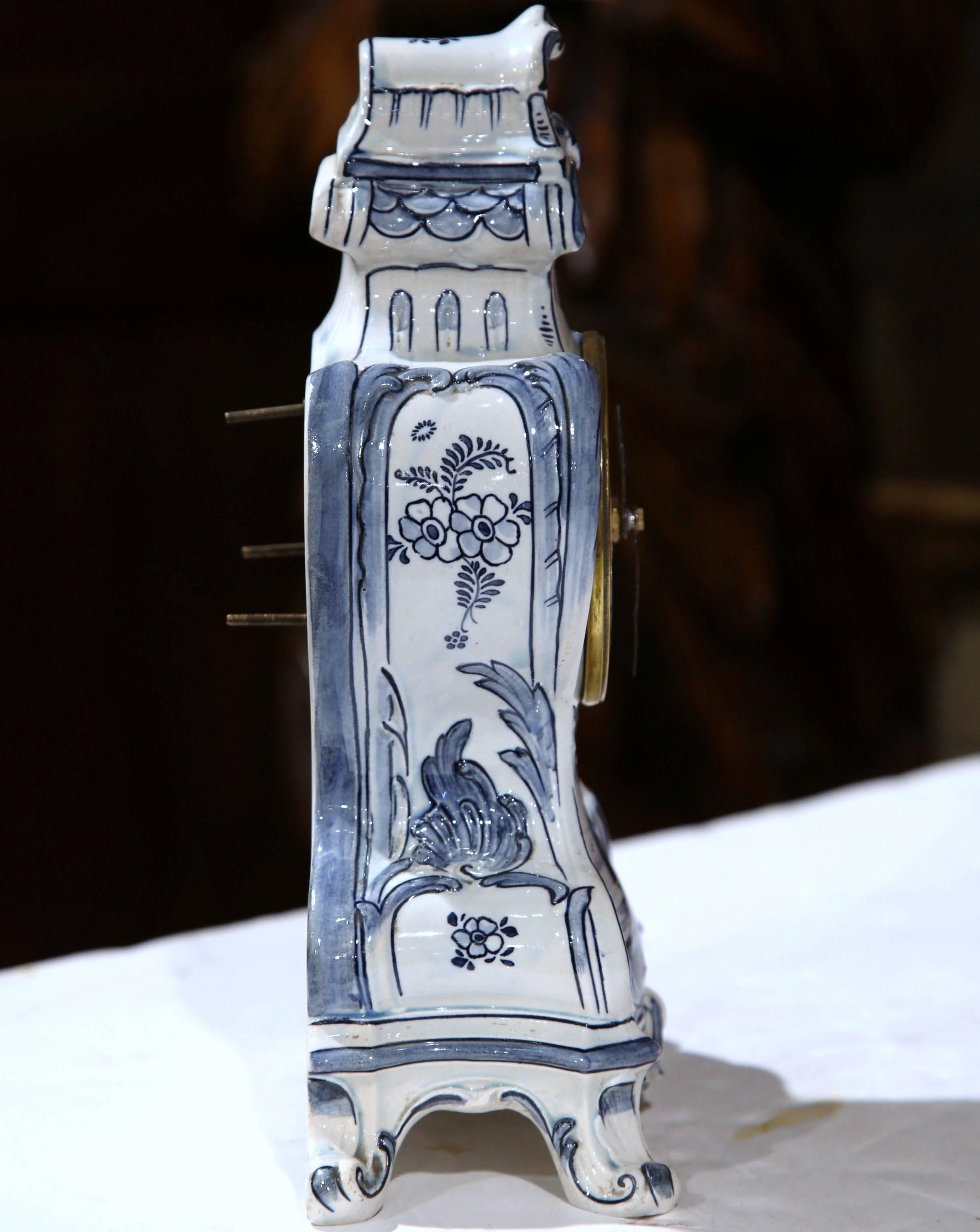 19th Century French Blue and White Hand-Painted Desk or Mantel Delft Clock In Excellent Condition In Dallas, TX