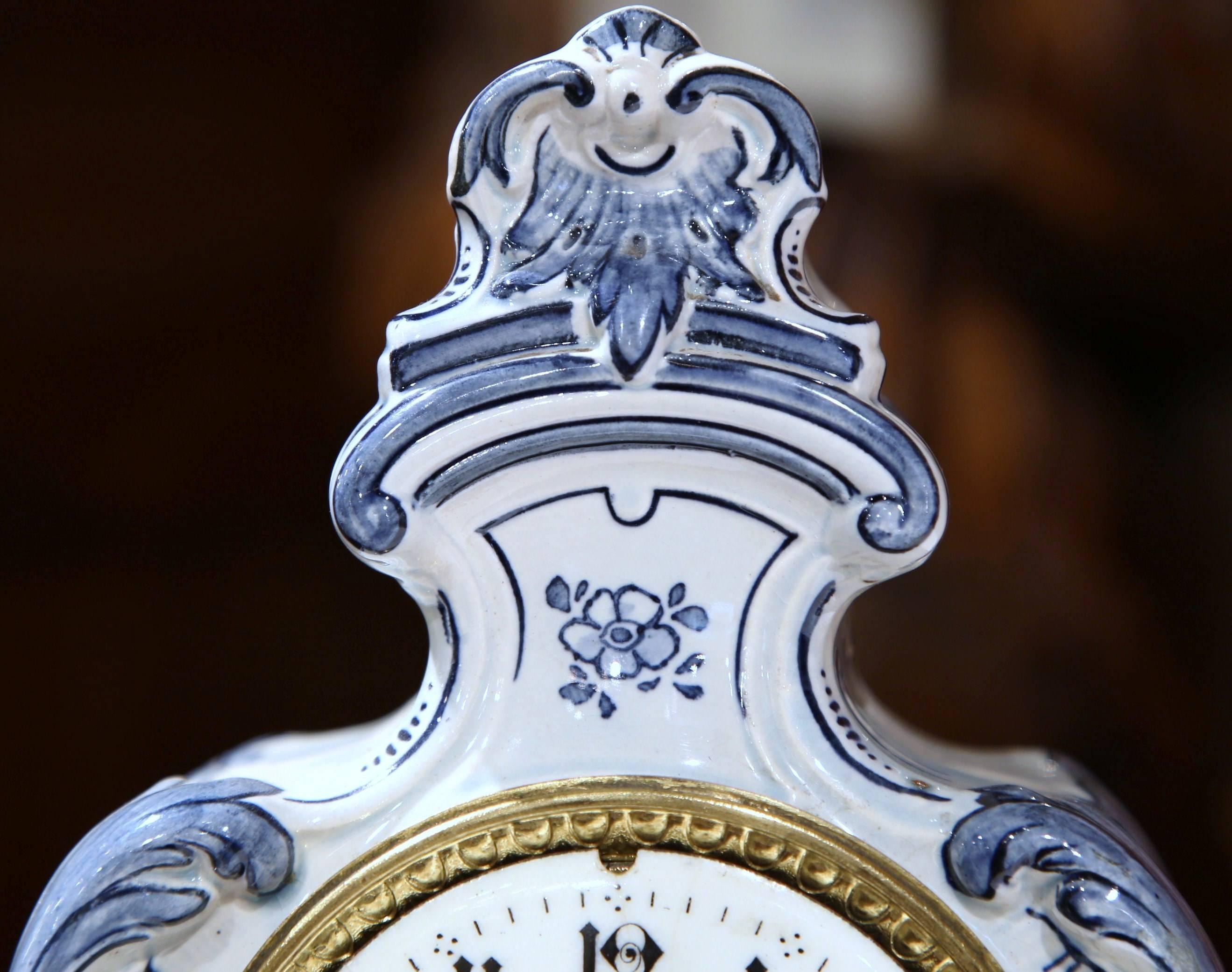Hand-Crafted 19th Century French Blue and White Hand-Painted Desk or Mantel Delft Clock