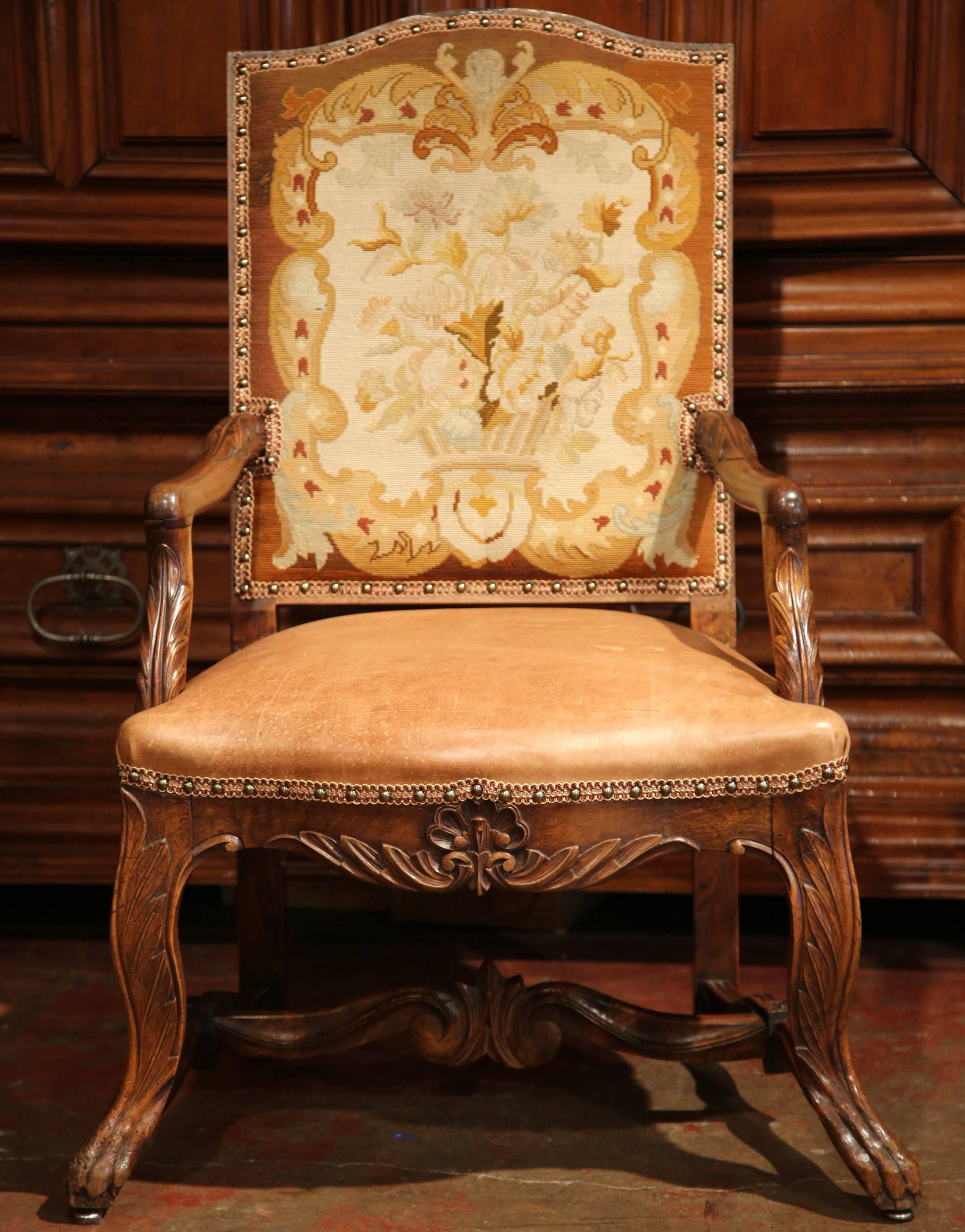 Hand-Carved Pair of 18th Century French Carved Walnut, Leather and Needlepoint Armchairs For Sale