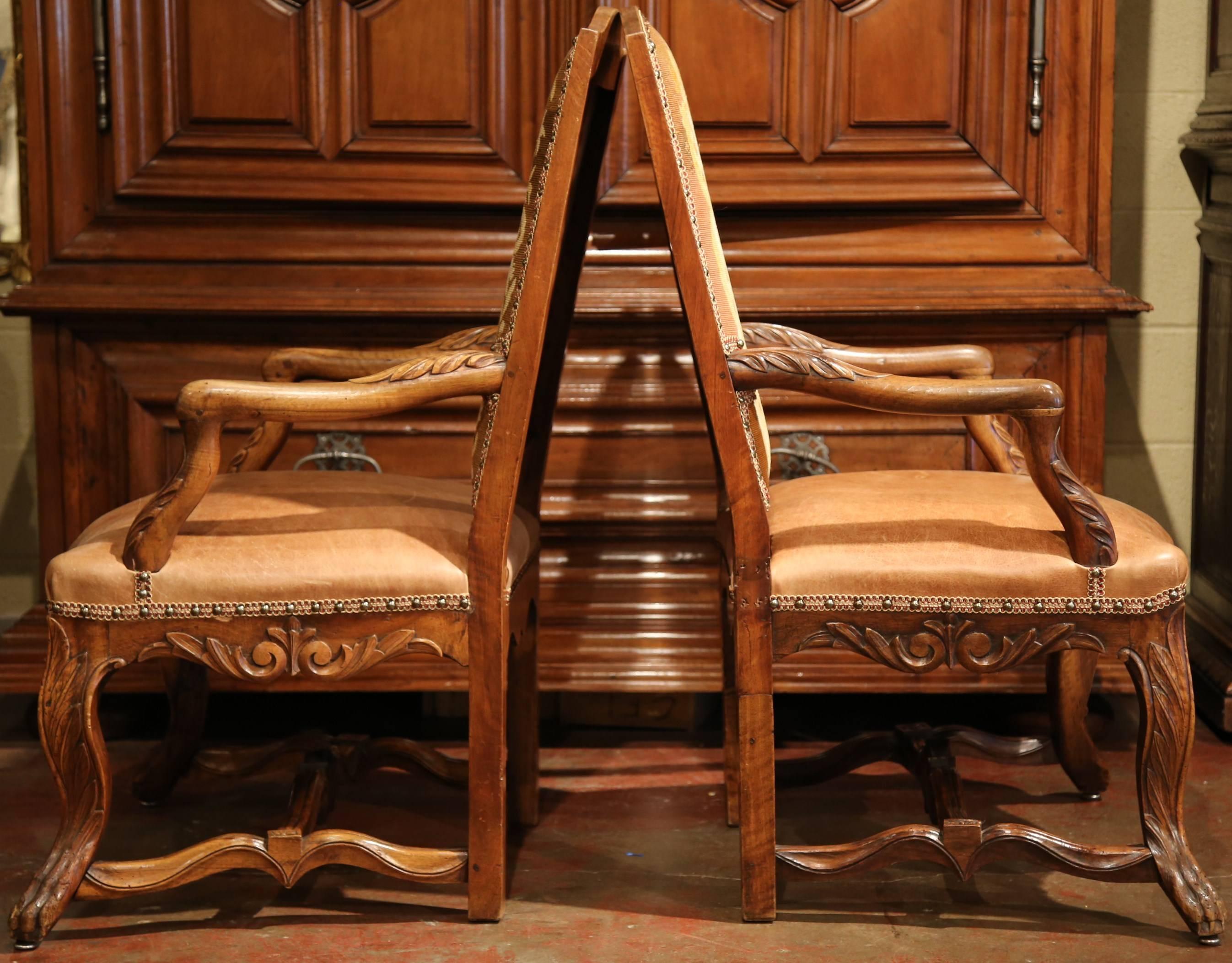 Pair of 18th Century French Carved Walnut, Leather and Needlepoint Armchairs For Sale 4