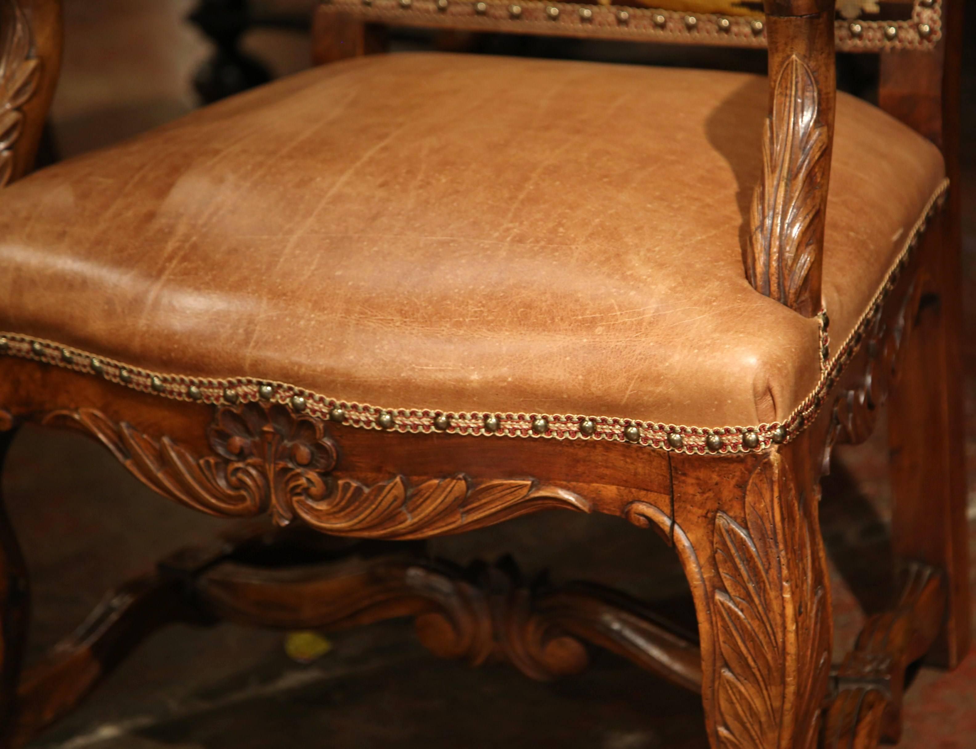 Pair of 18th Century French Carved Walnut, Leather and Needlepoint Armchairs For Sale 3