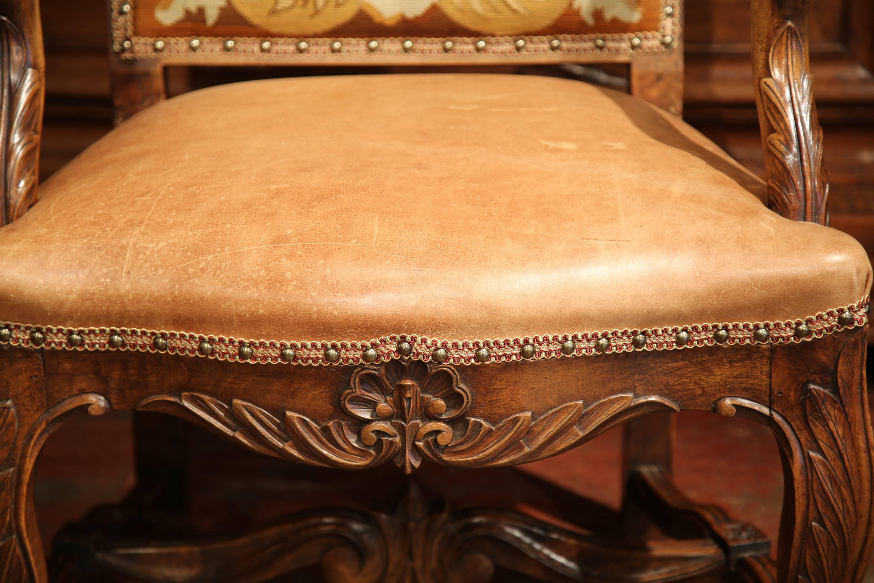 Pair of 18th Century French Carved Walnut, Leather and Needlepoint Armchairs For Sale 1