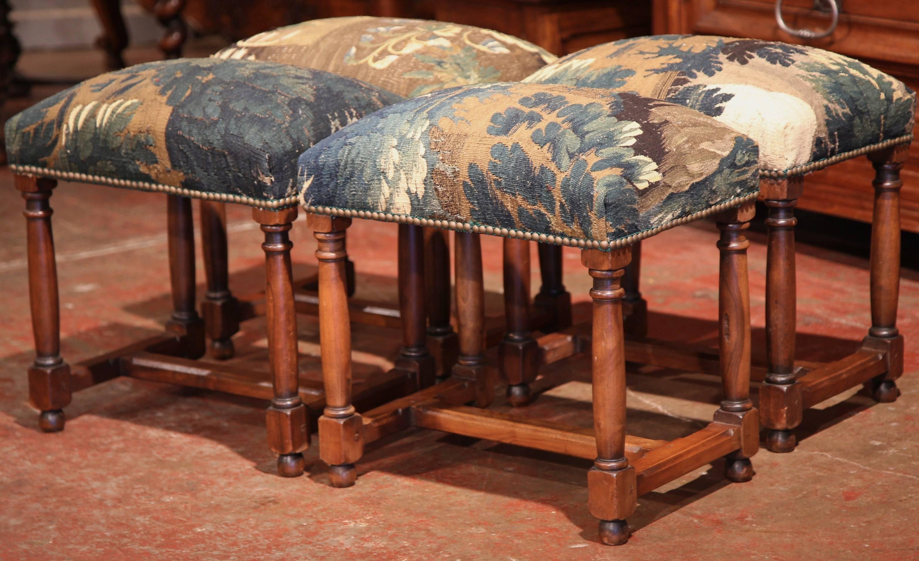 Hand-Carved 19th Century French Suite of Four Carved Walnut Stools with Aubusson Tapestry