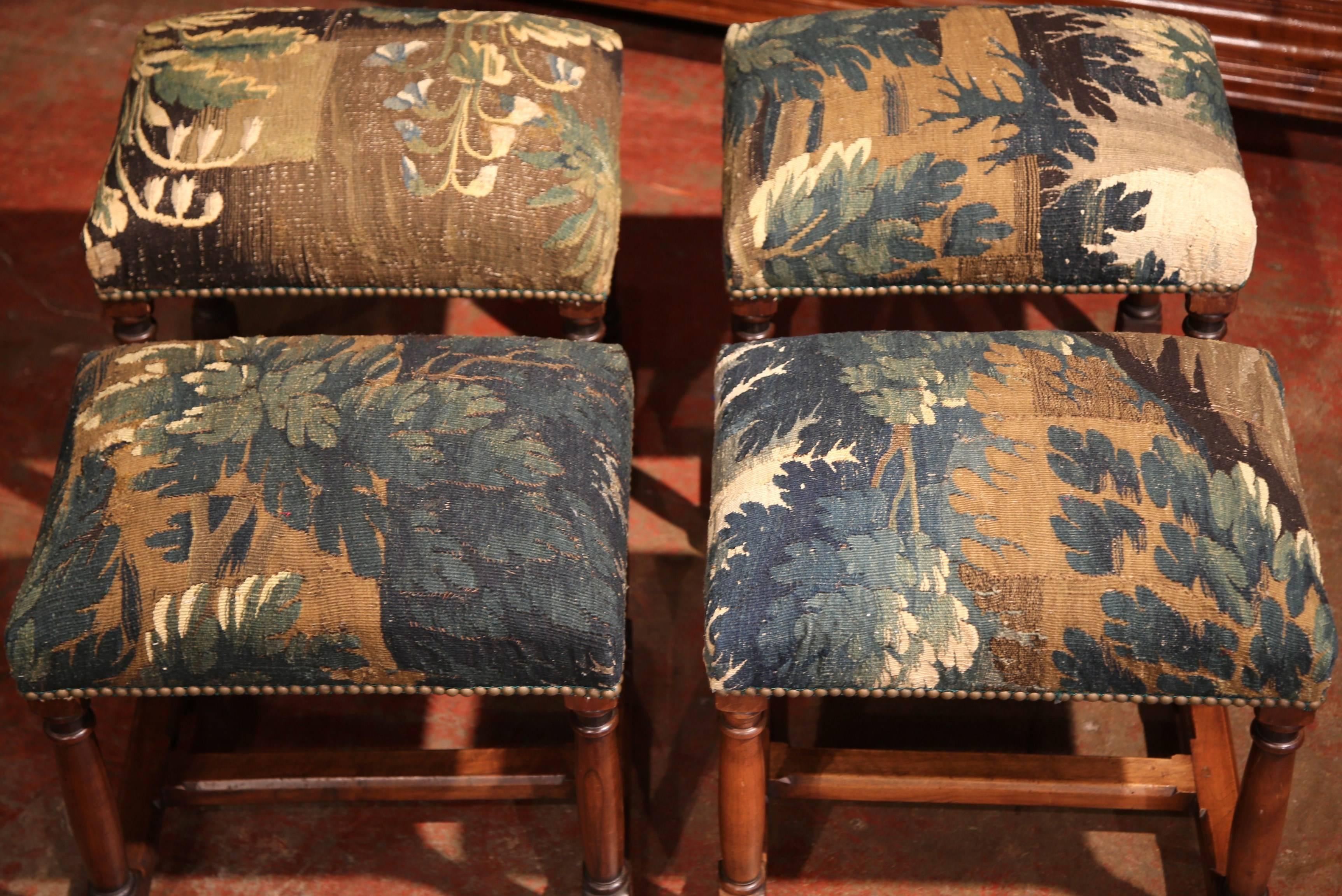 Louis XIII 19th Century French Suite of Four Carved Walnut Stools with Aubusson Tapestry