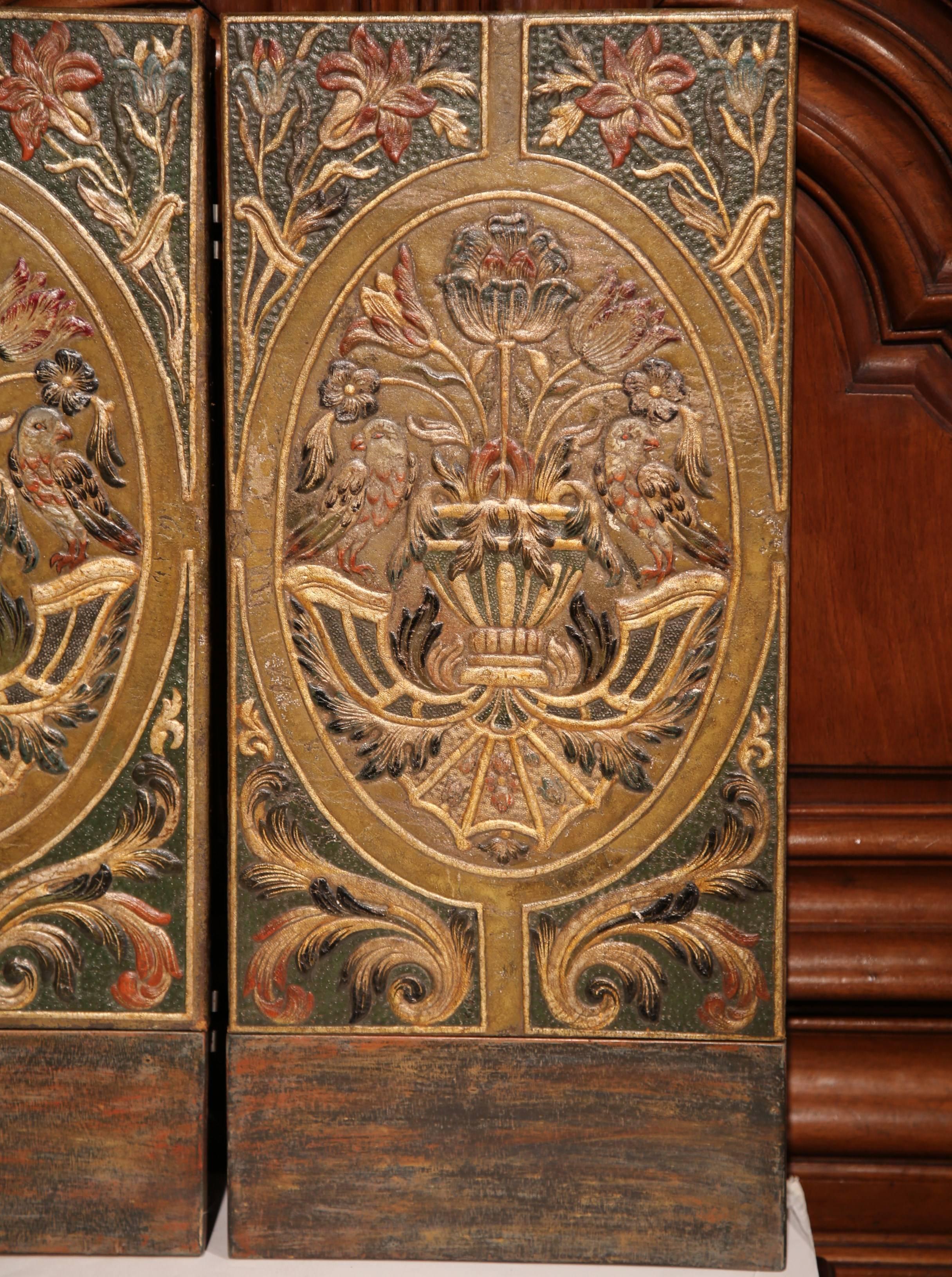 Three-Panel Spanish Cordovan Painted Gilt Leather Screen with Birds and Flowers In Excellent Condition In Dallas, TX