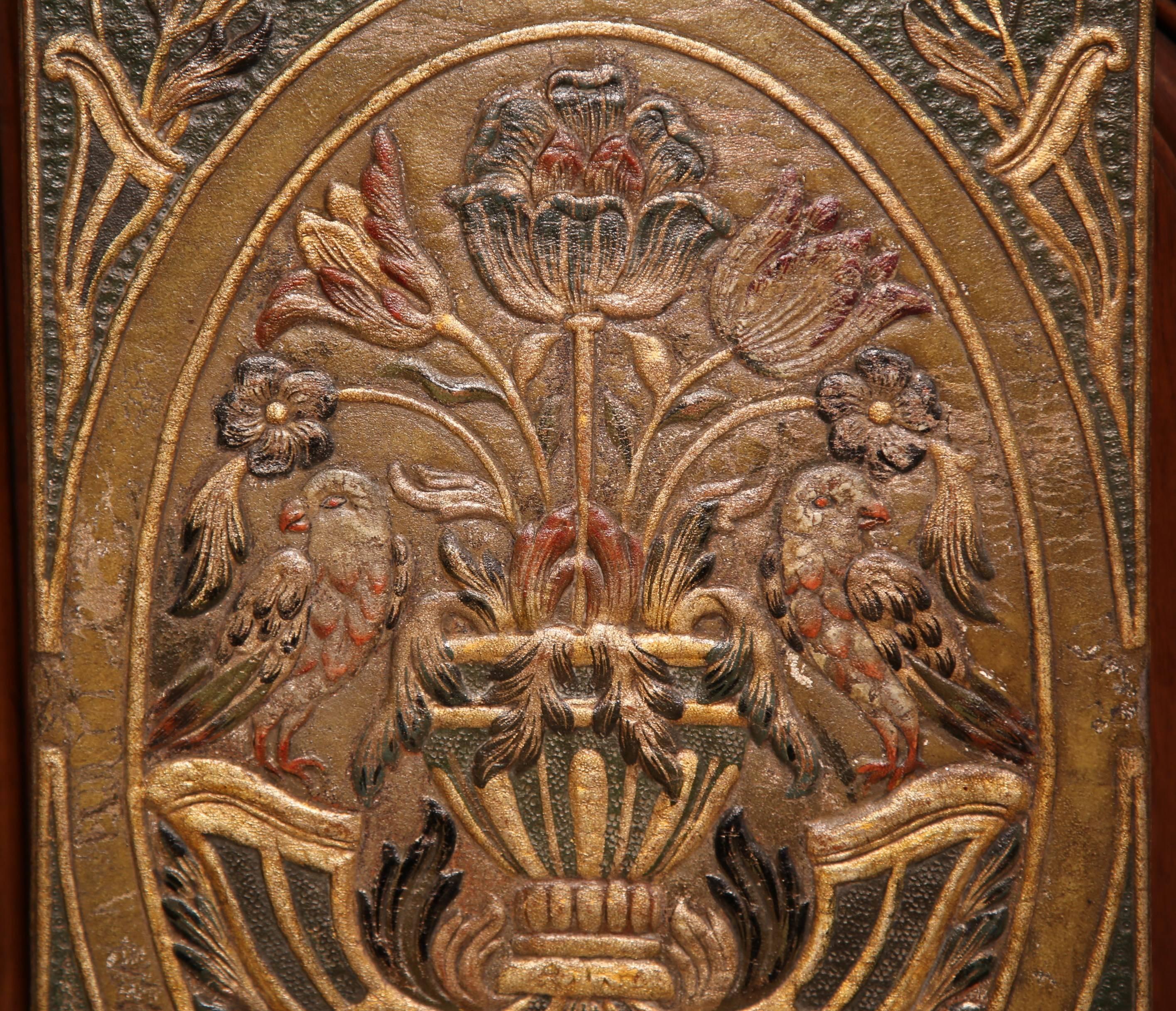 20th Century Three-Panel Spanish Cordovan Painted Gilt Leather Screen with Birds and Flowers