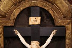 18th Century French Ivory Crucifix in Carved and Arched Gilt Frame