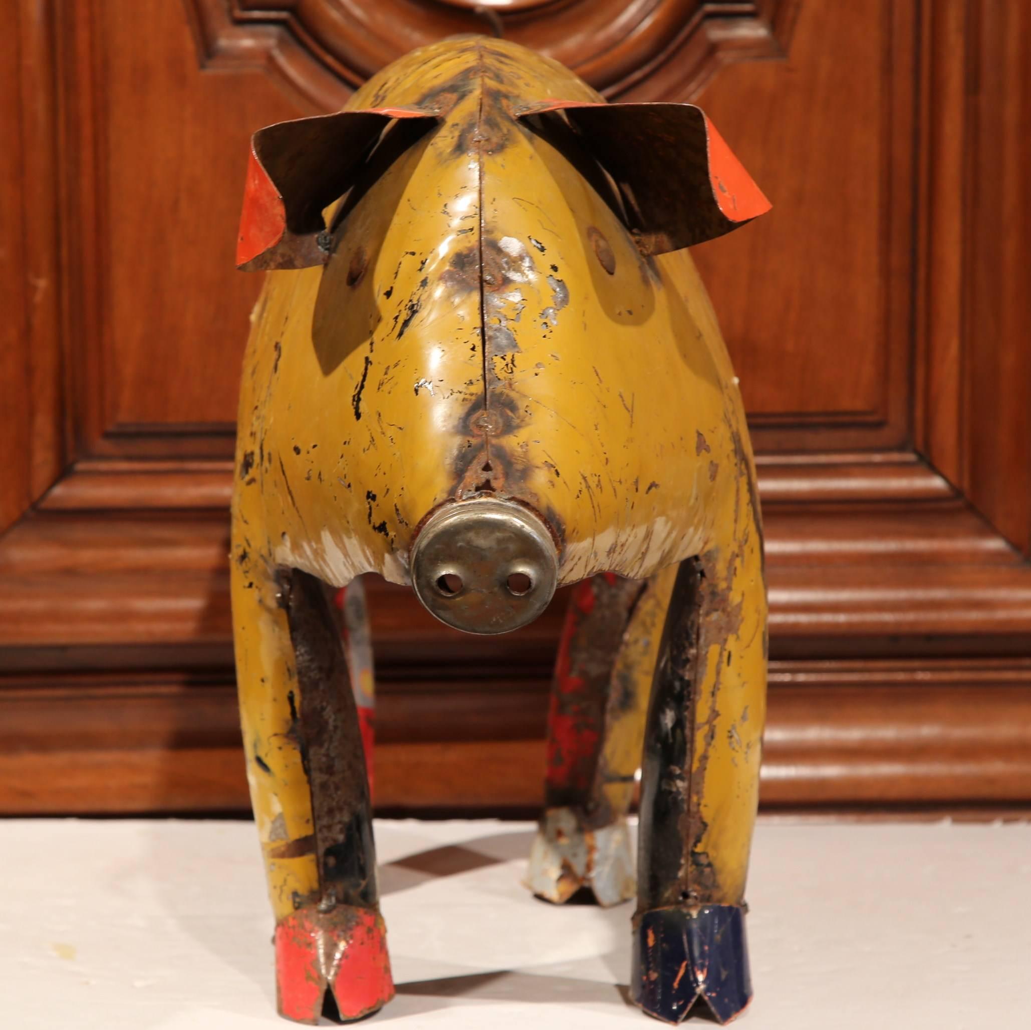 Hand-Crafted Vintage French Painted Tole Pig Made with Old Elements