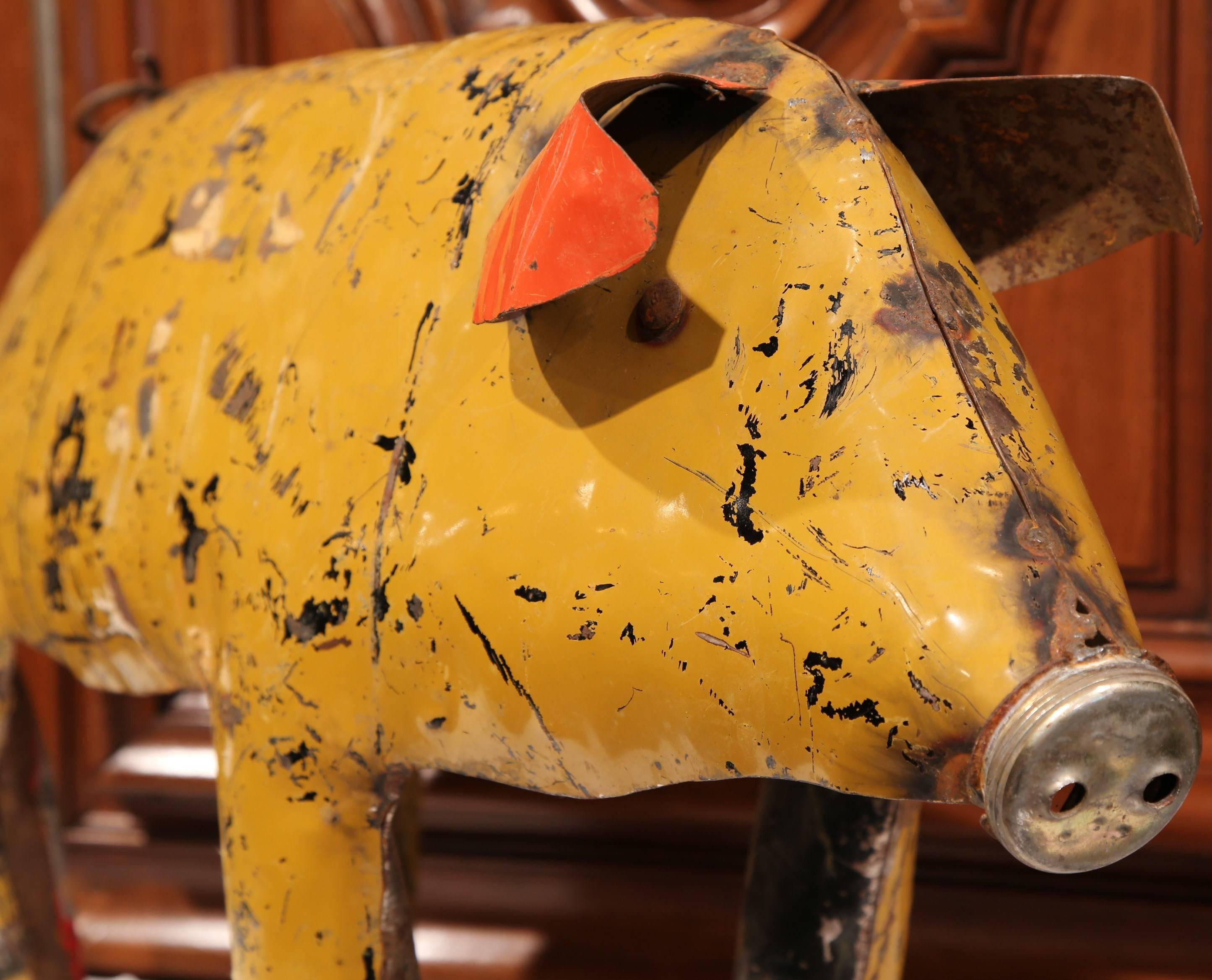 Vintage French Painted Tole Pig Made with Old Elements In Excellent Condition In Dallas, TX