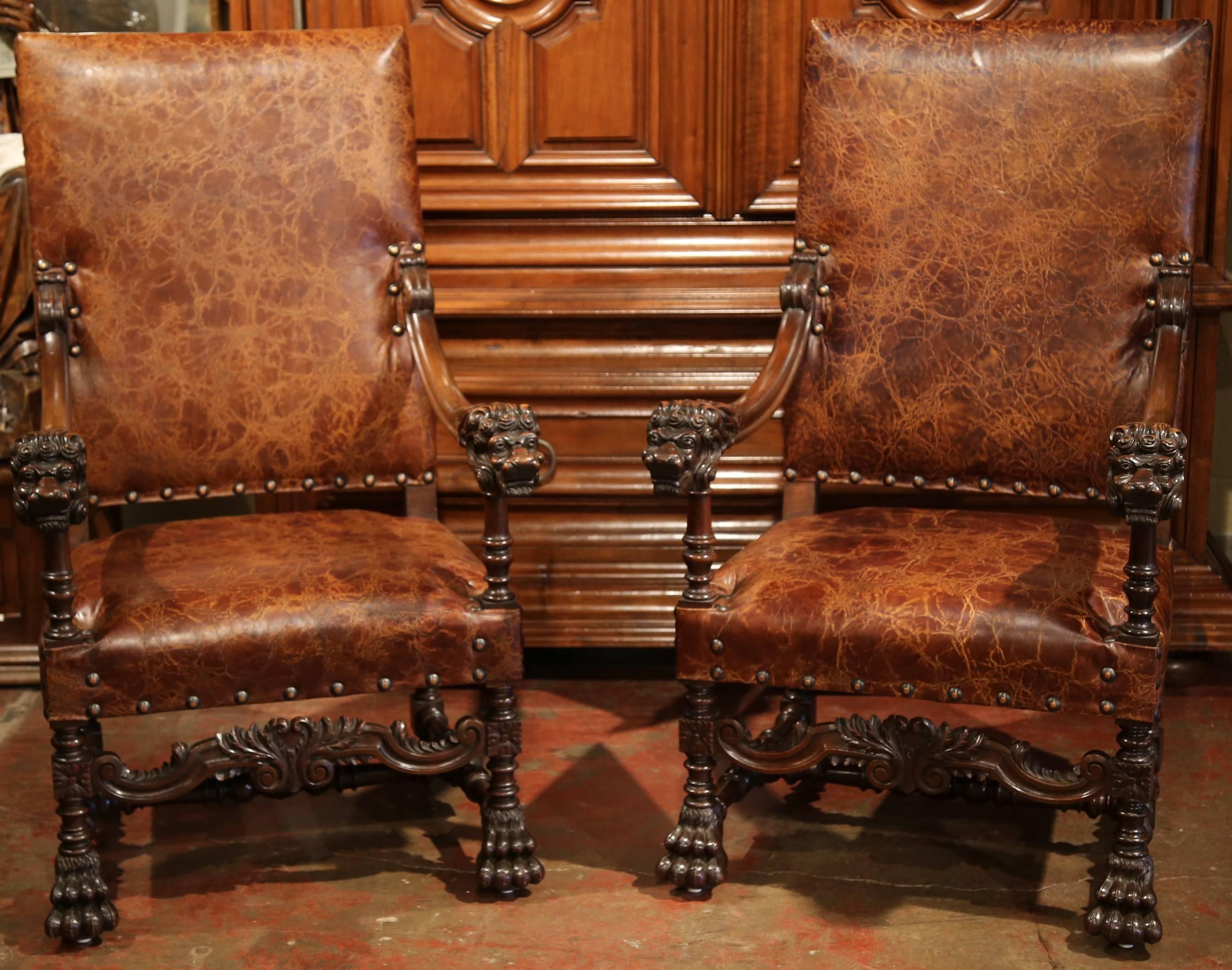 Leather Pair of 19th Century French Louis XIII Walnut Lion Heads Armchairs with Ottomans