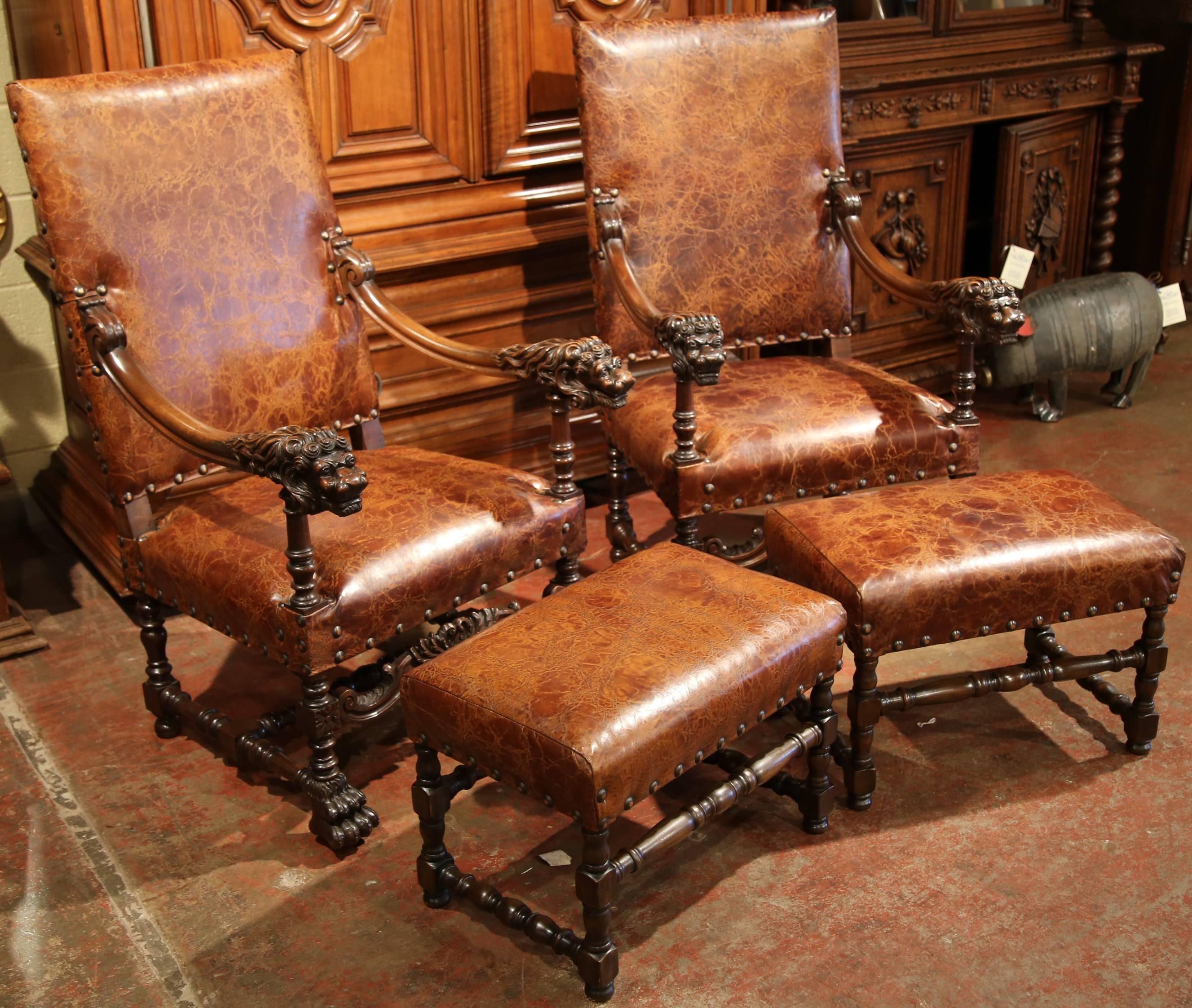 Pair of 19th Century French Louis XIII Walnut Lion Heads Armchairs with Ottomans In Excellent Condition In Dallas, TX
