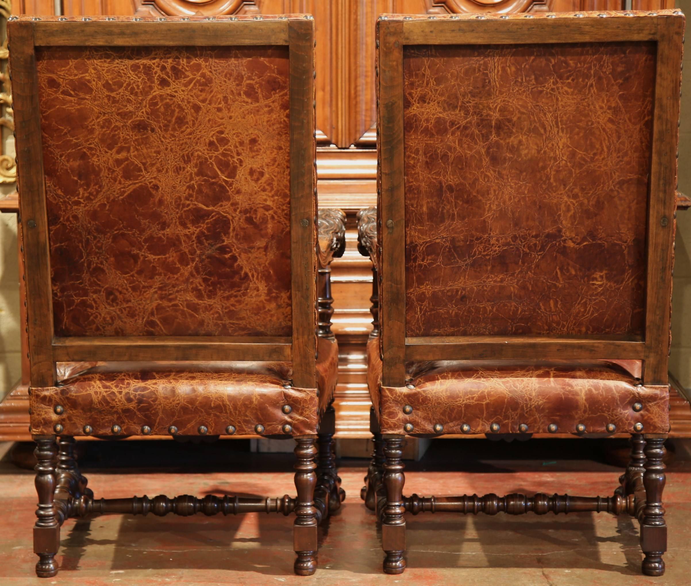 Pair of 19th Century French Louis XIII Walnut Lion Heads Armchairs with Ottomans 4