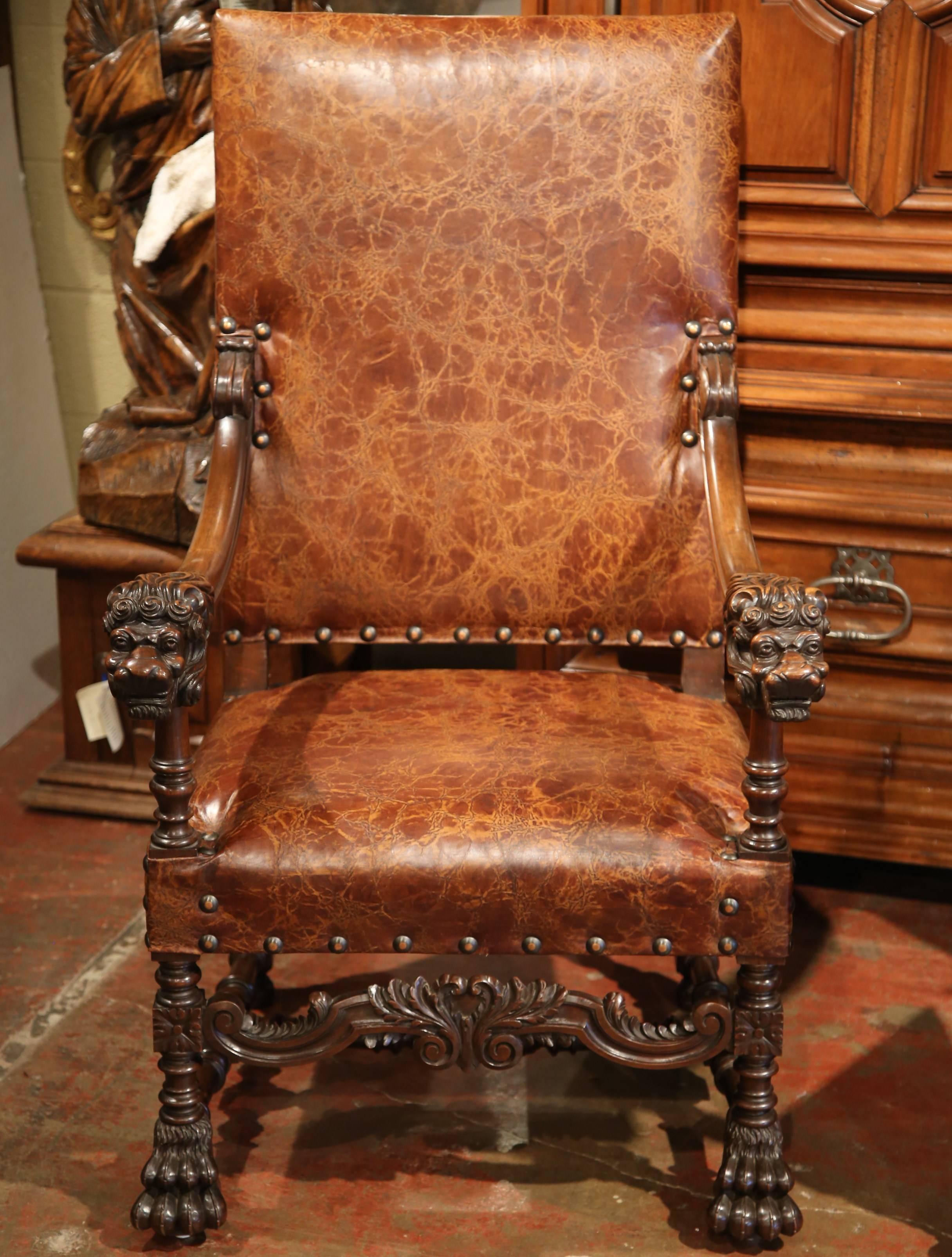 Pair of 19th Century French Louis XIII Walnut Lion Heads Armchairs with Ottomans 1