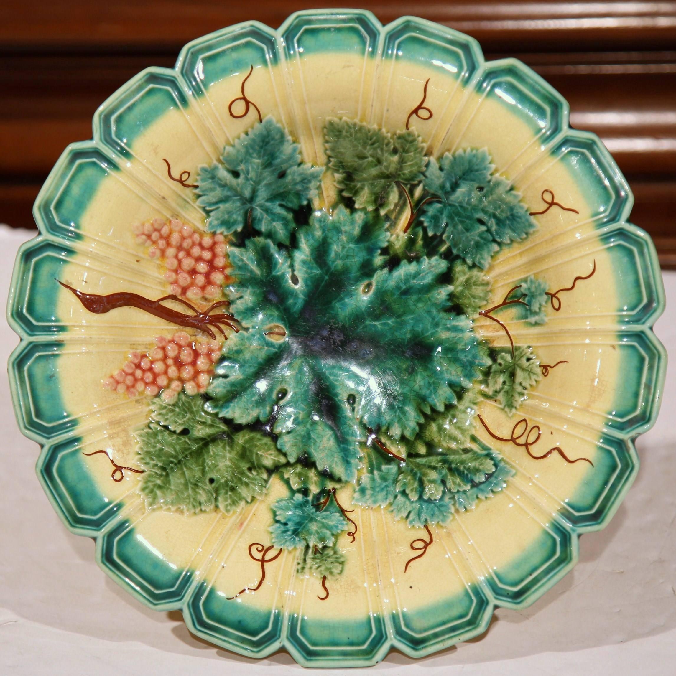 Hand-Crafted 19th Century French Hand Painted Barbotine Compote with Grape and Leaf Decor