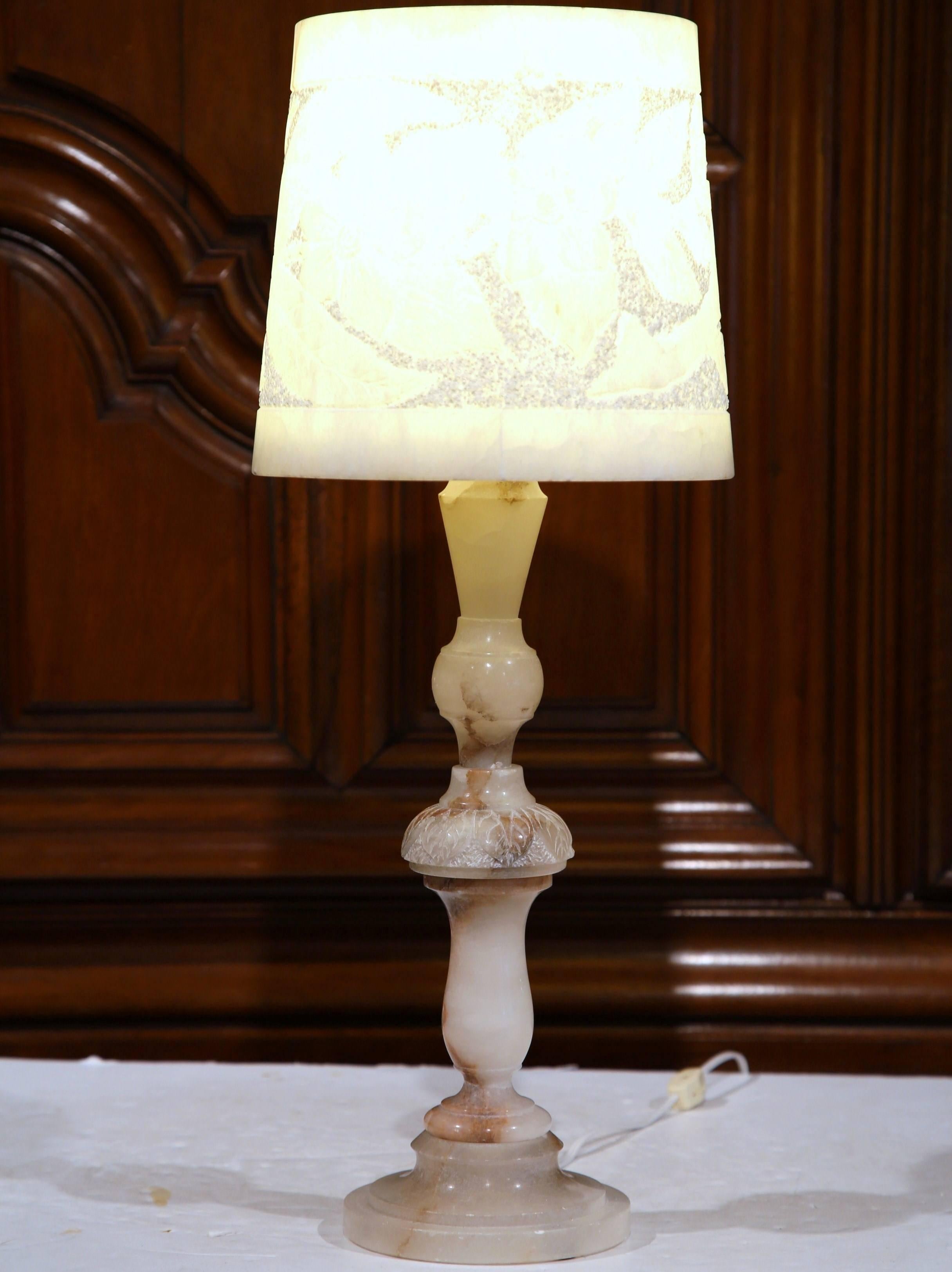 20th Century Turn of the Century French Marble Desk Lamp with Carved Alabaster Shade