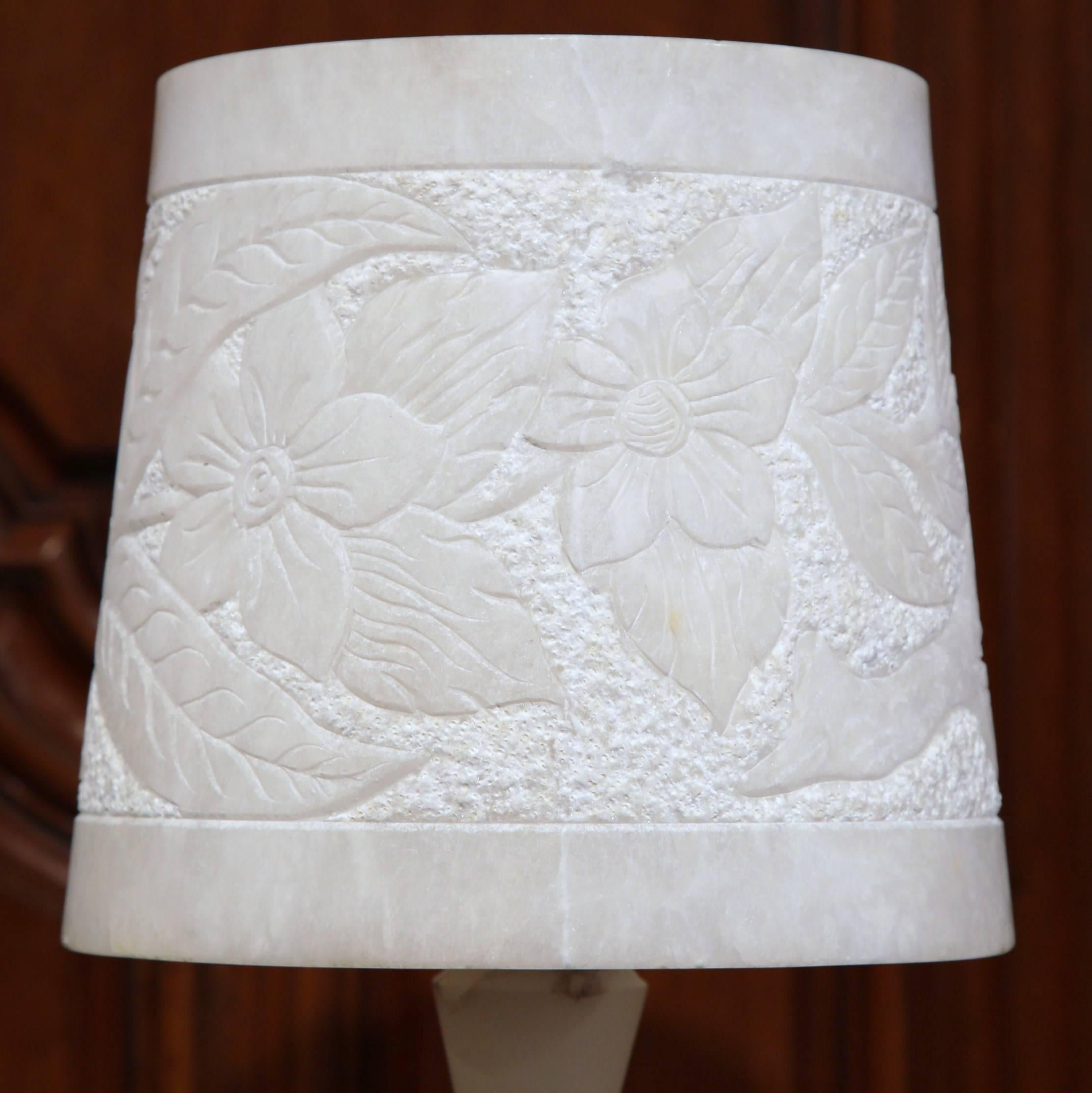 Hand-Carved Turn of the Century French Marble Desk Lamp with Carved Alabaster Shade