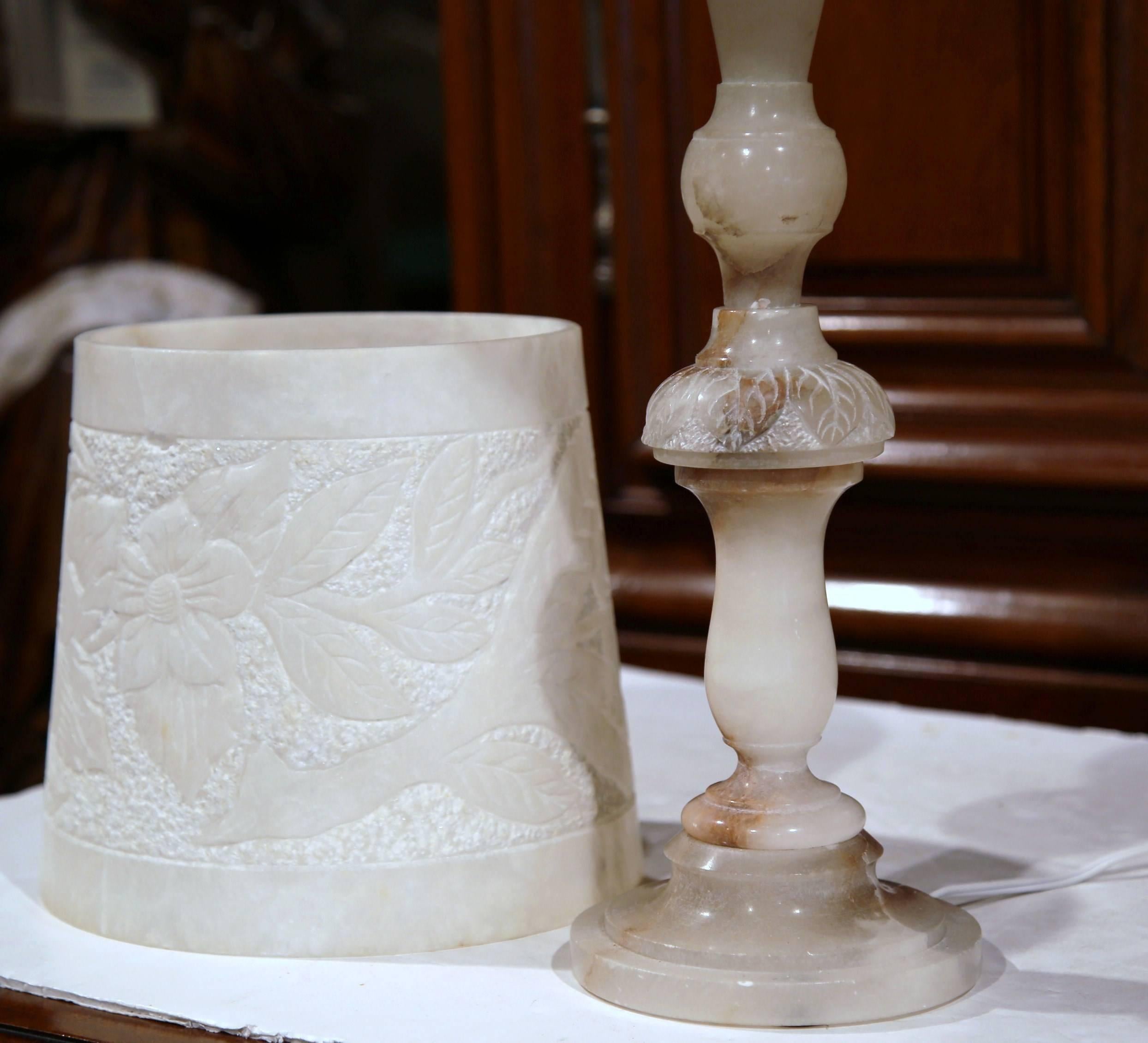 Turn of the Century French Marble Desk Lamp with Carved Alabaster Shade In Excellent Condition In Dallas, TX
