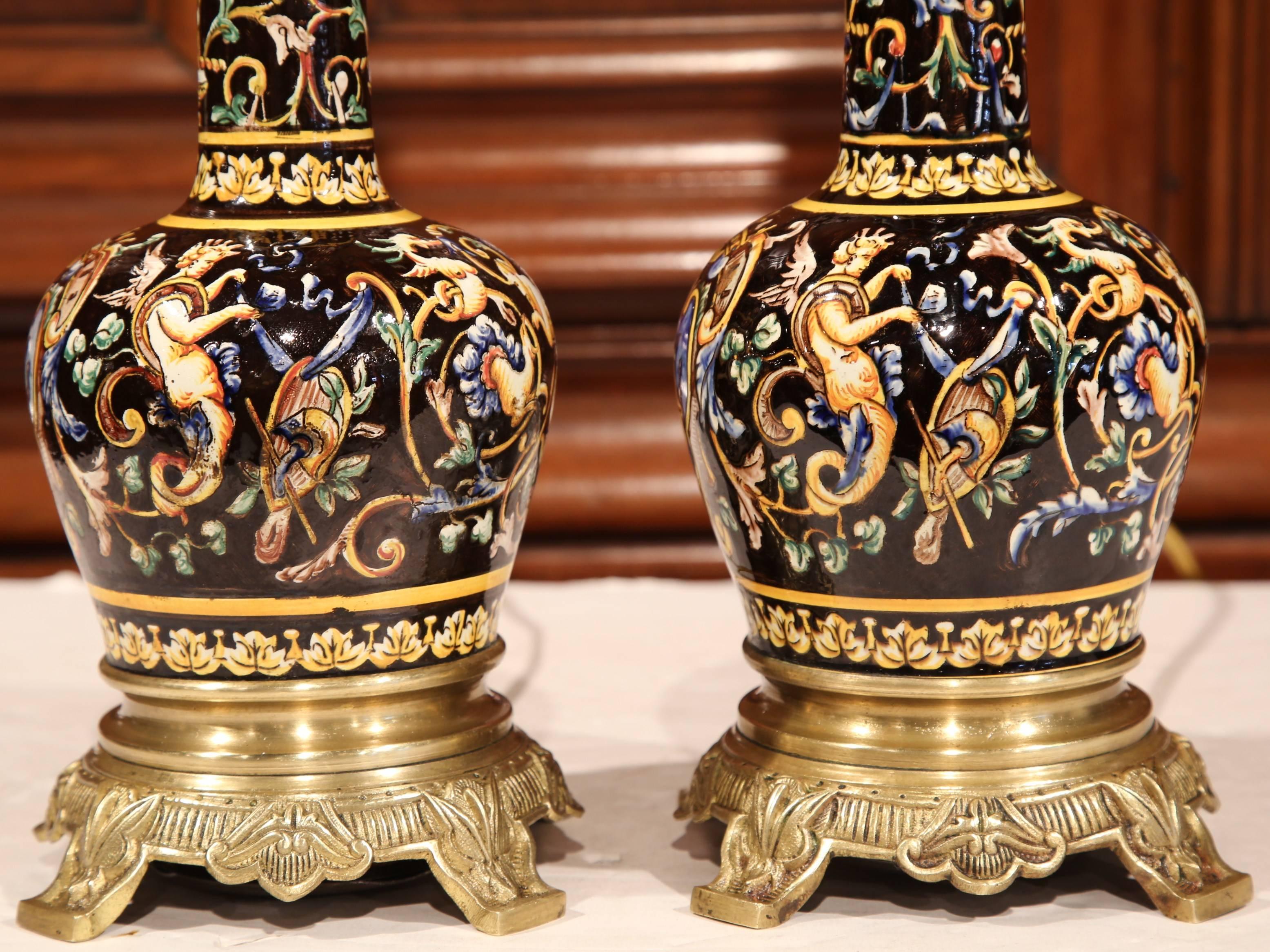 Pair of 19th Century French Hand-Painted Porcelain Oil Lamps with Bronze Mounts 1
