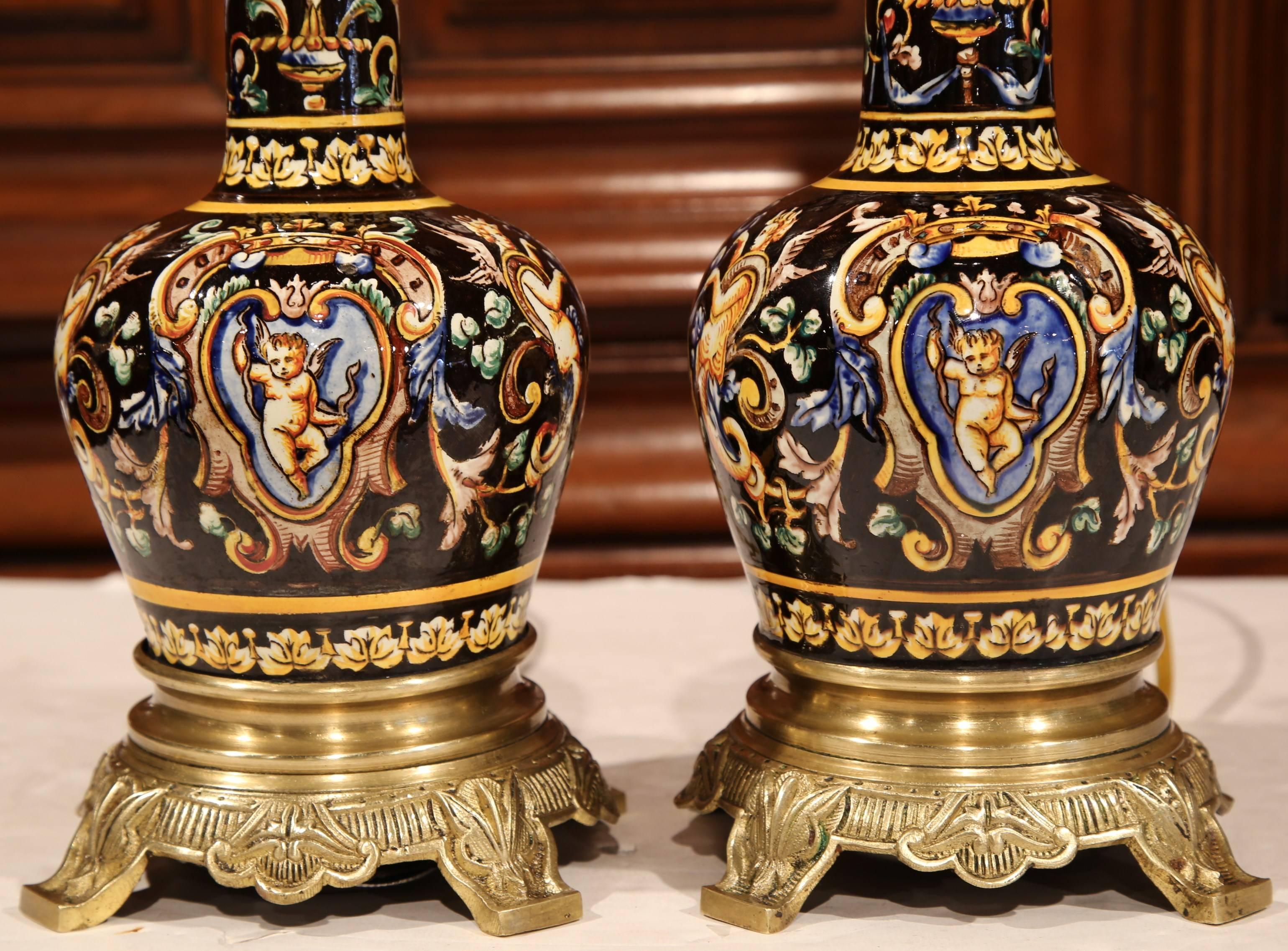 Hand-Crafted Pair of 19th Century French Hand-Painted Porcelain Oil Lamps with Bronze Mounts