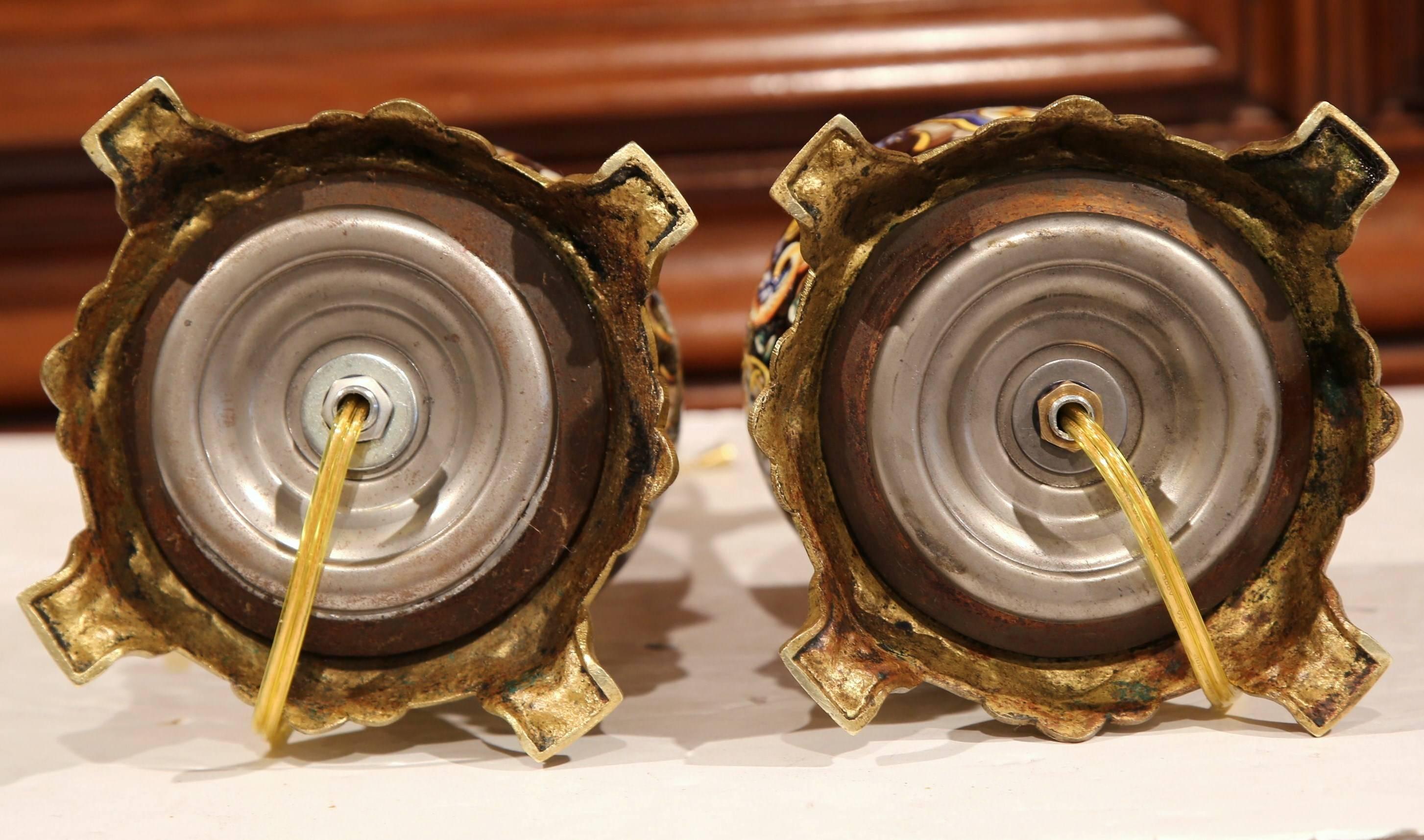 Pair of 19th Century French Hand-Painted Porcelain Oil Lamps with Bronze Mounts 5