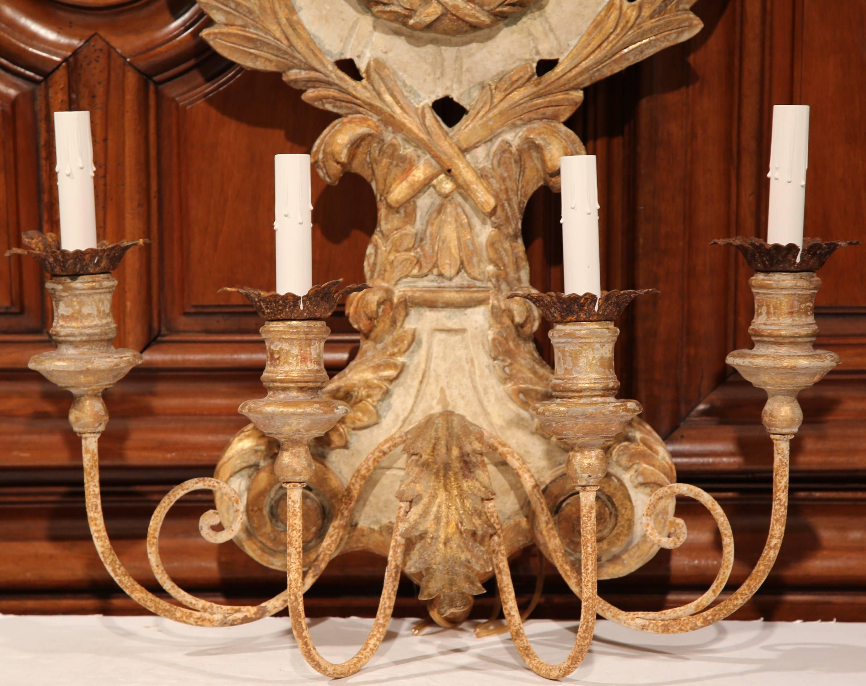 Pair of Italian Carved Giltwood and Iron Painted Four-Light Sconces 1