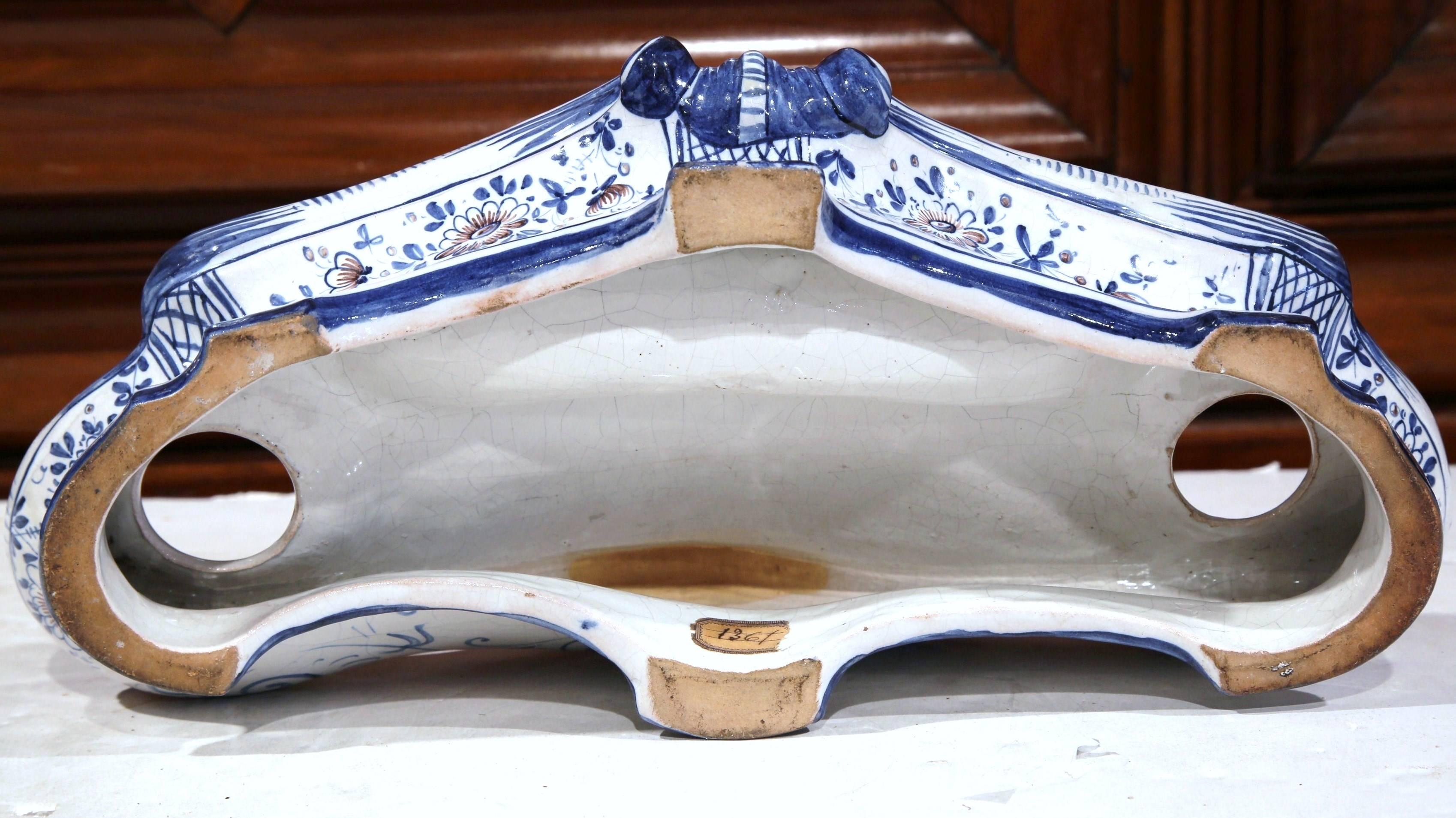 Ceramic 19th Century French Louis XV Hand Painted Delft Style Faience Inkwell Vide-Poche For Sale