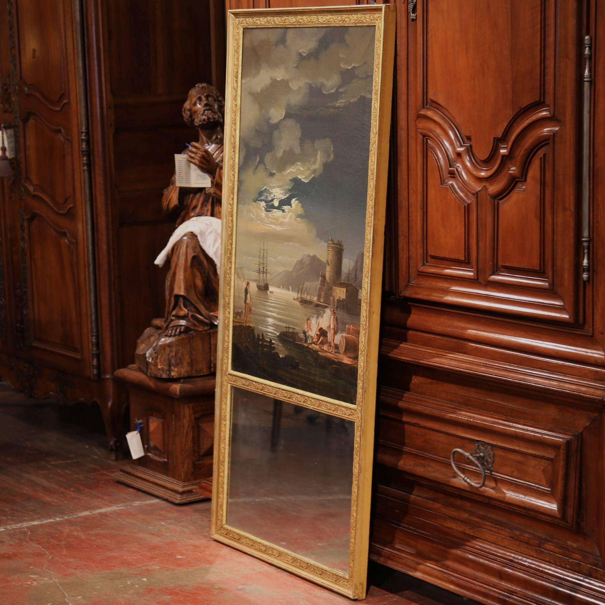 Canvas Early 19th Century French Hand Painted Trumeau Mirror in Carved Gilt Frame
