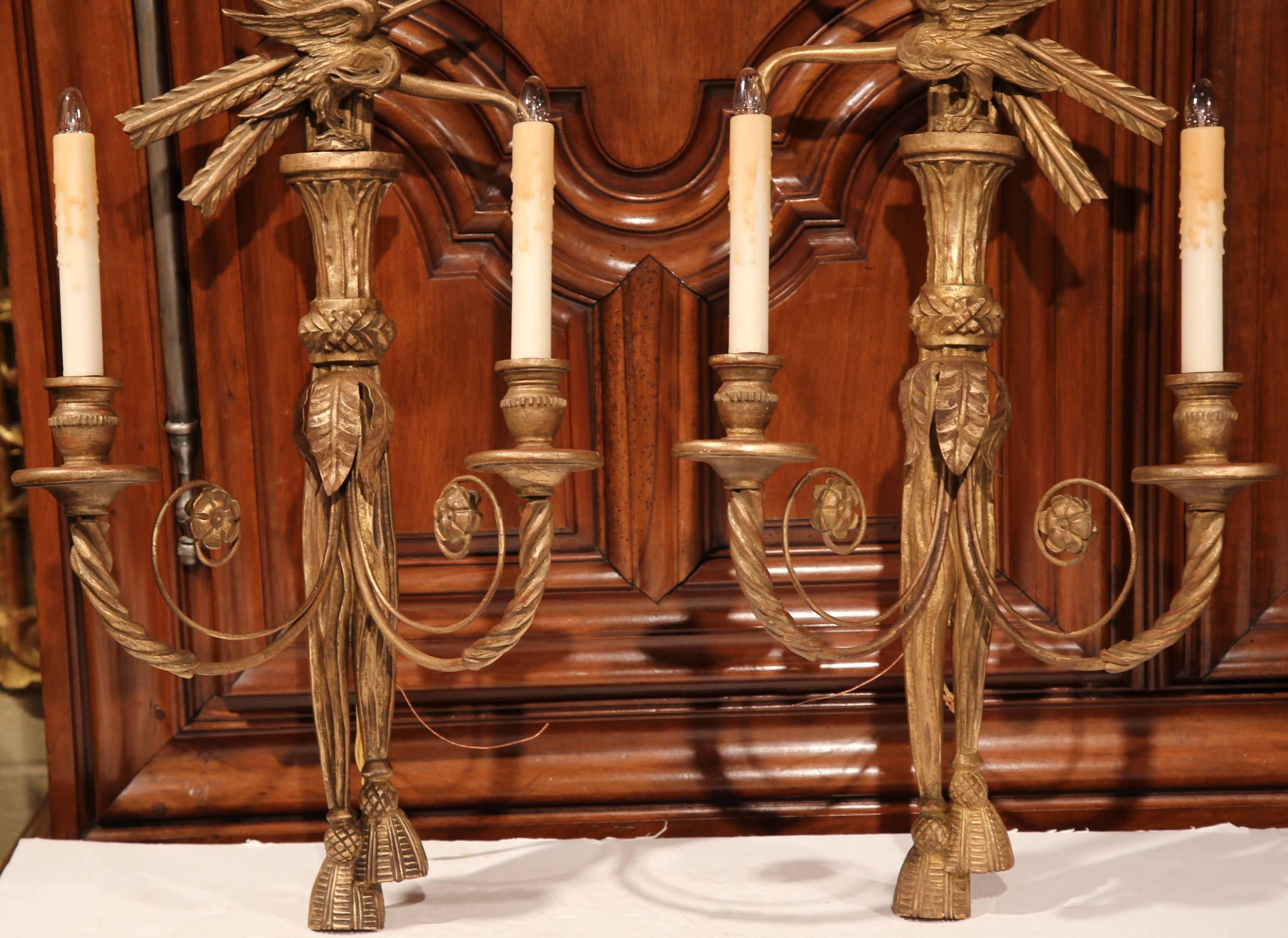 Pair of 19th Century French Louis XVI Carved Giltwood Two-Light Sconces In Excellent Condition In Dallas, TX