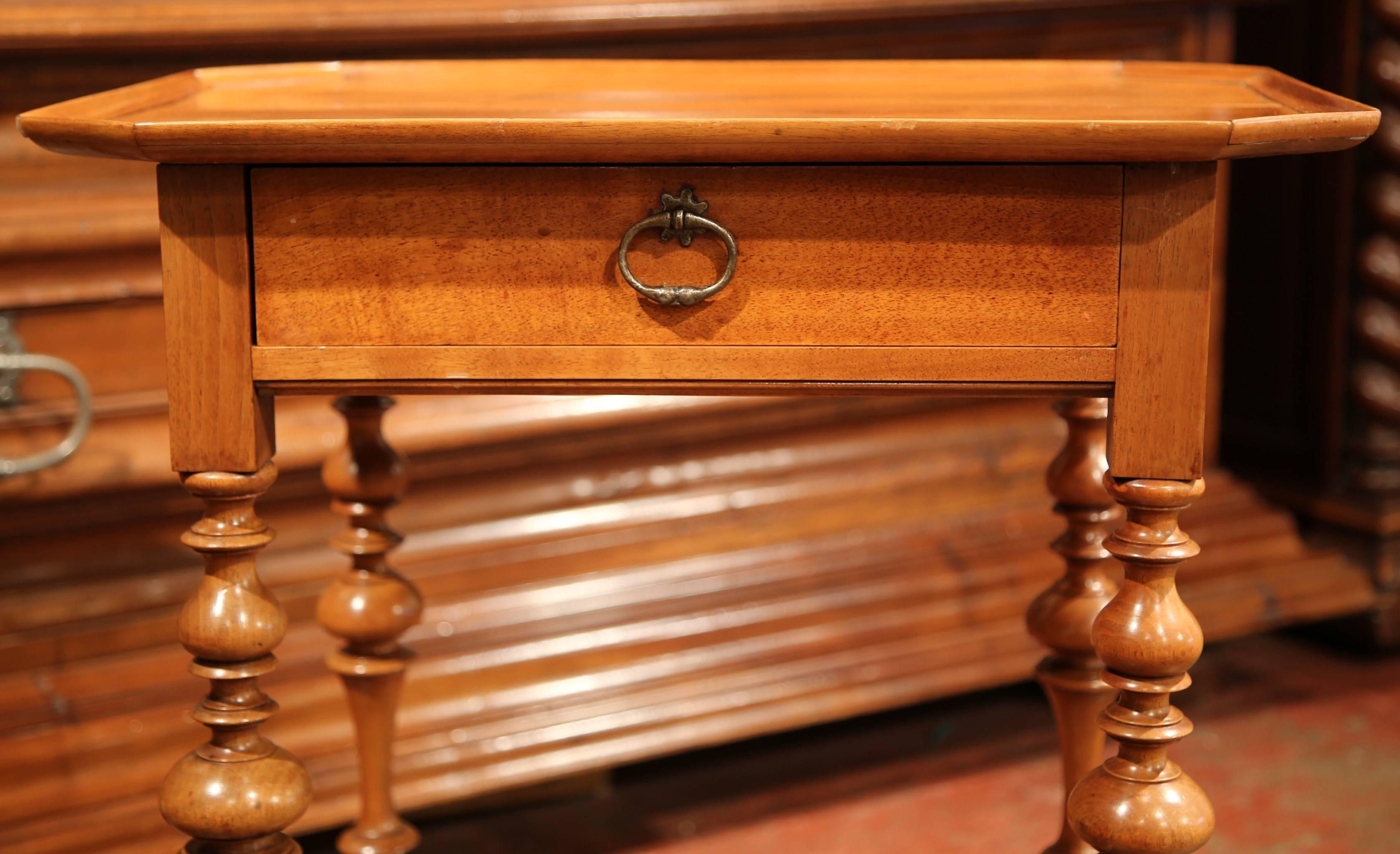 19th Century, French Louis XIII Cherry Side Table with Turned Legs and Stretcher 1