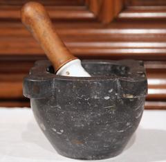 19th Century French Black Marble Mortar with Wood and Porcelain Pestle
