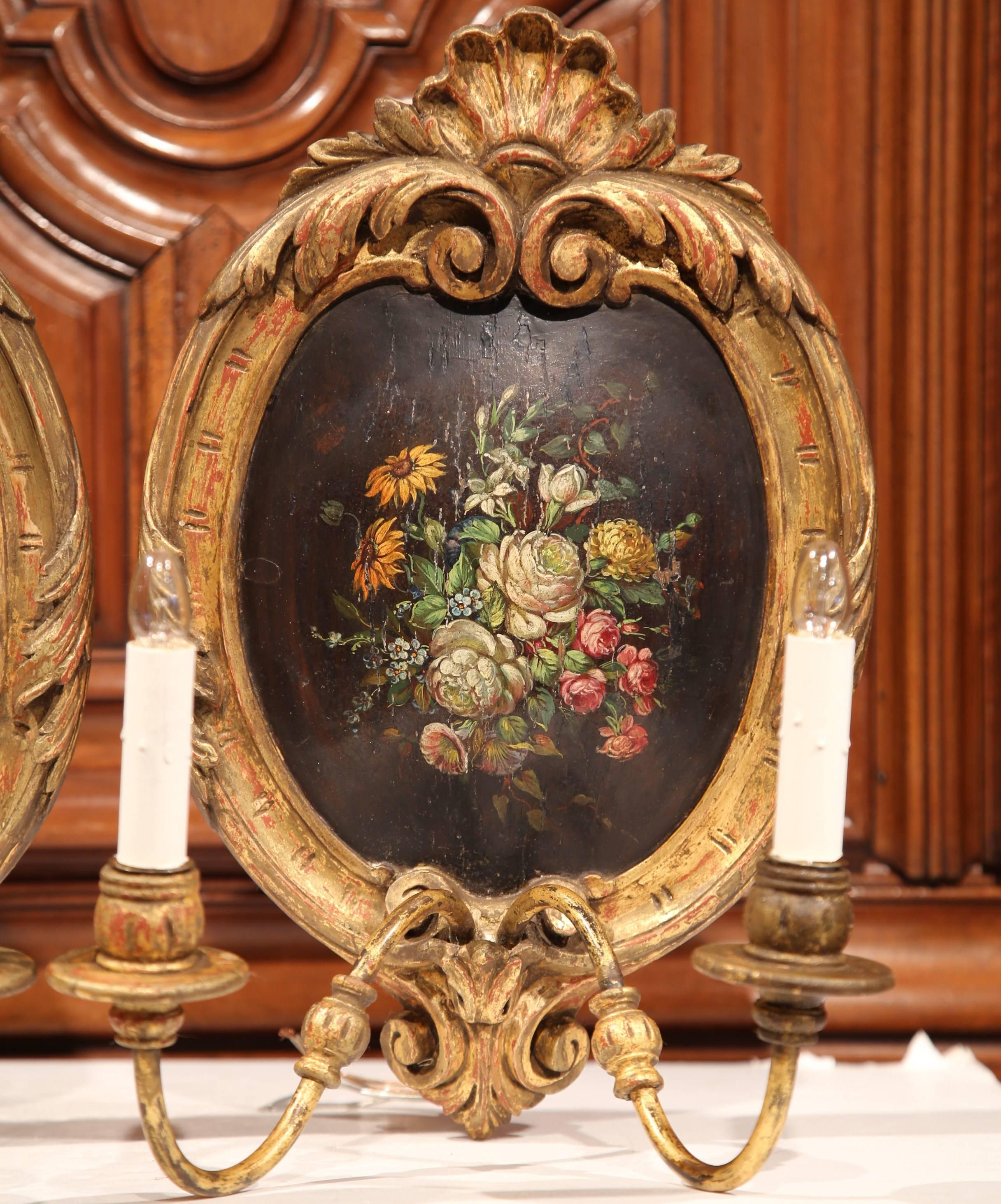 Hand-Carved Pair of 19th Century French Carved Gilt Sconces with Painted Floral Medallions