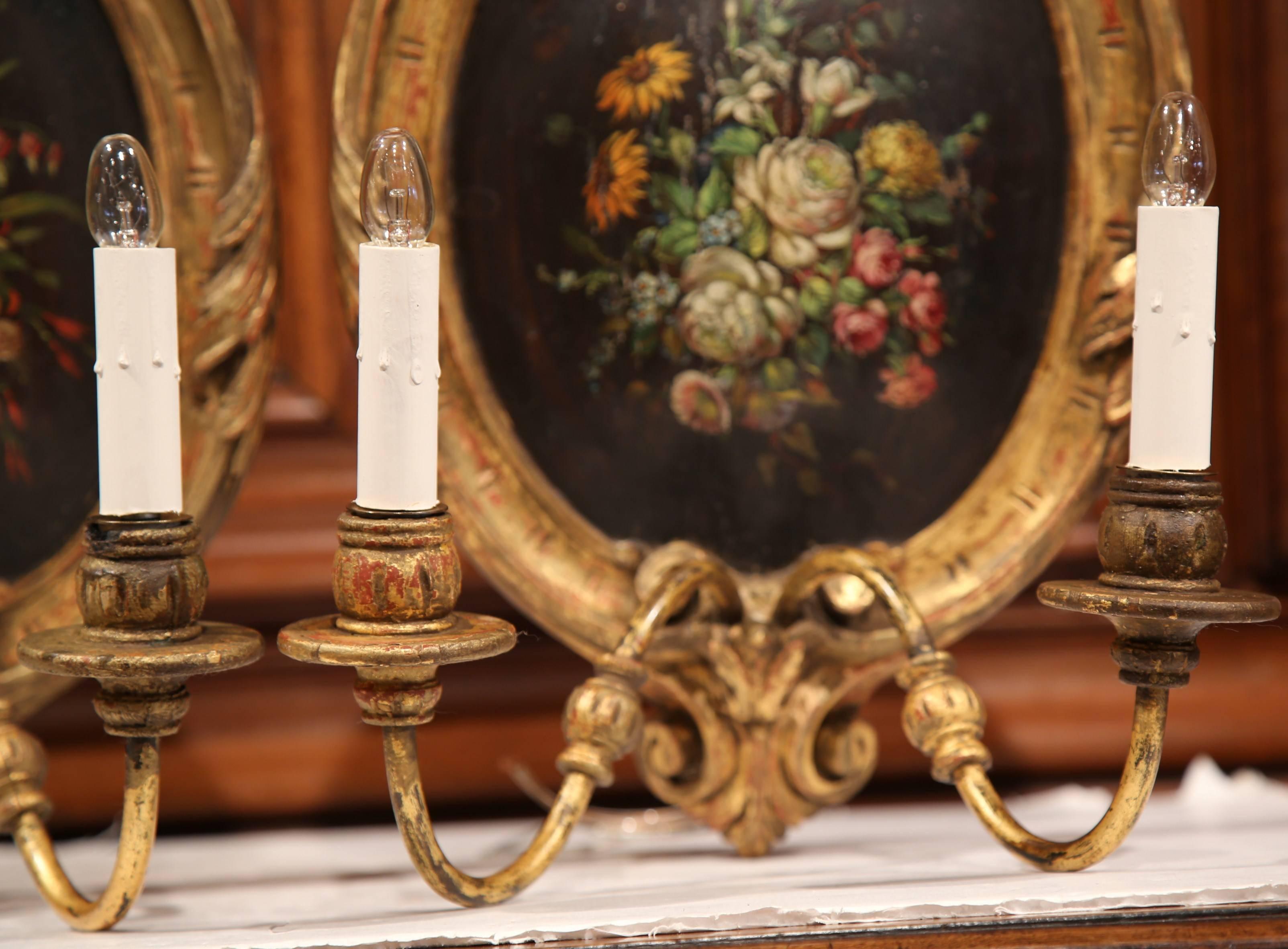 Pair of 19th Century French Carved Gilt Sconces with Painted Floral Medallions 1