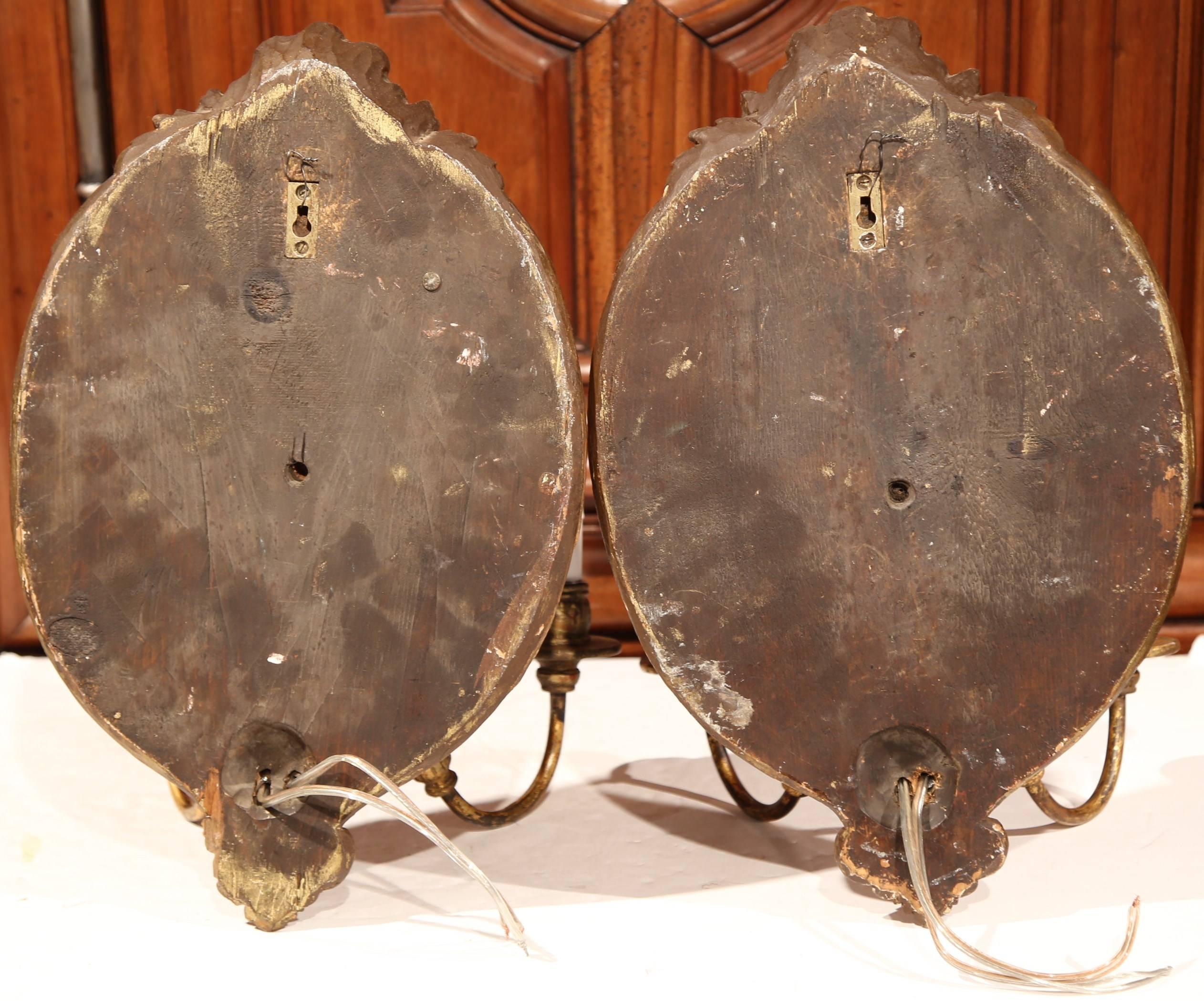 Pair of 19th Century French Carved Gilt Sconces with Painted Floral Medallions 4