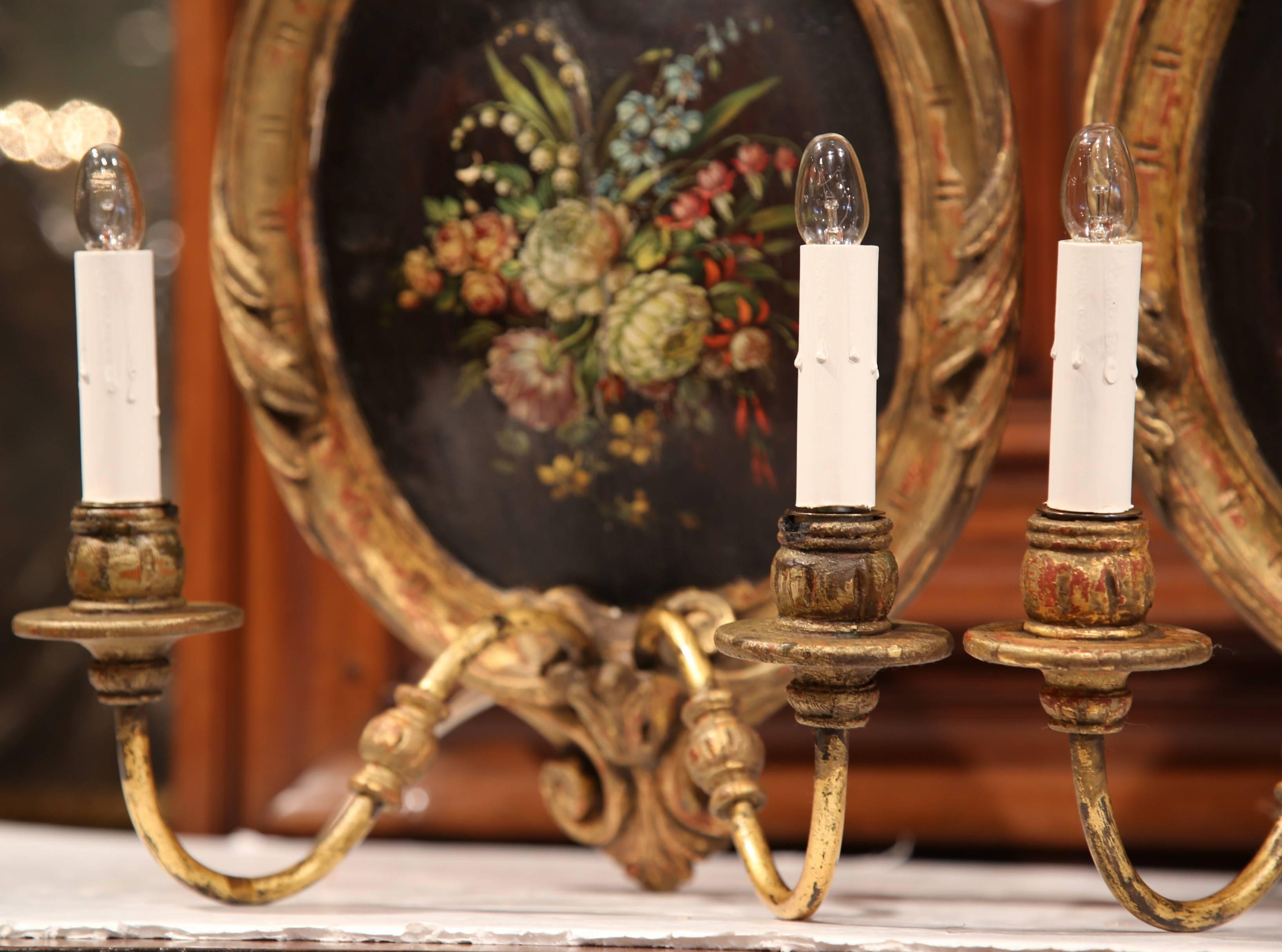 Metal Pair of 19th Century French Carved Gilt Sconces with Painted Floral Medallions