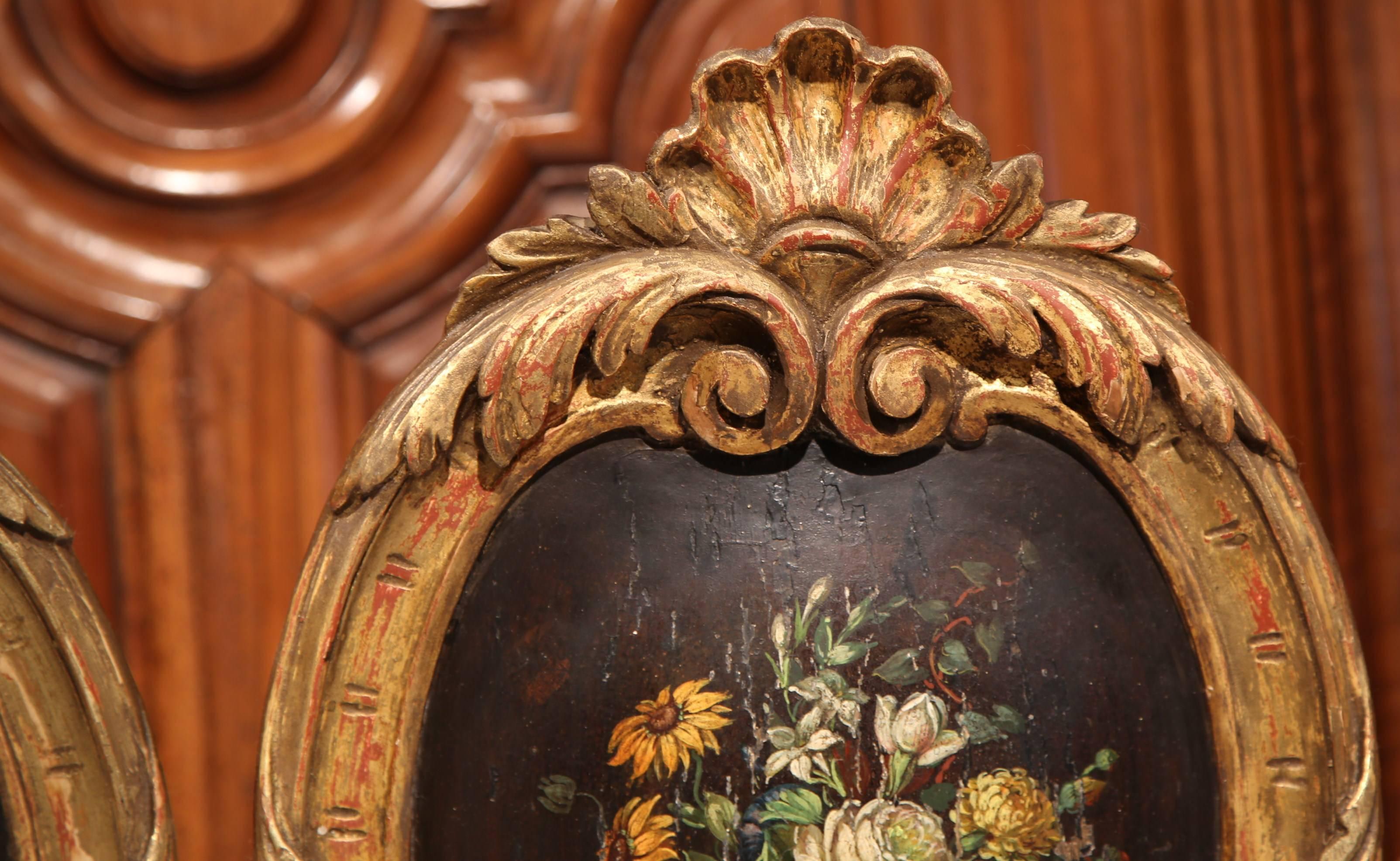 Pair of 19th Century French Carved Gilt Sconces with Painted Floral Medallions 3