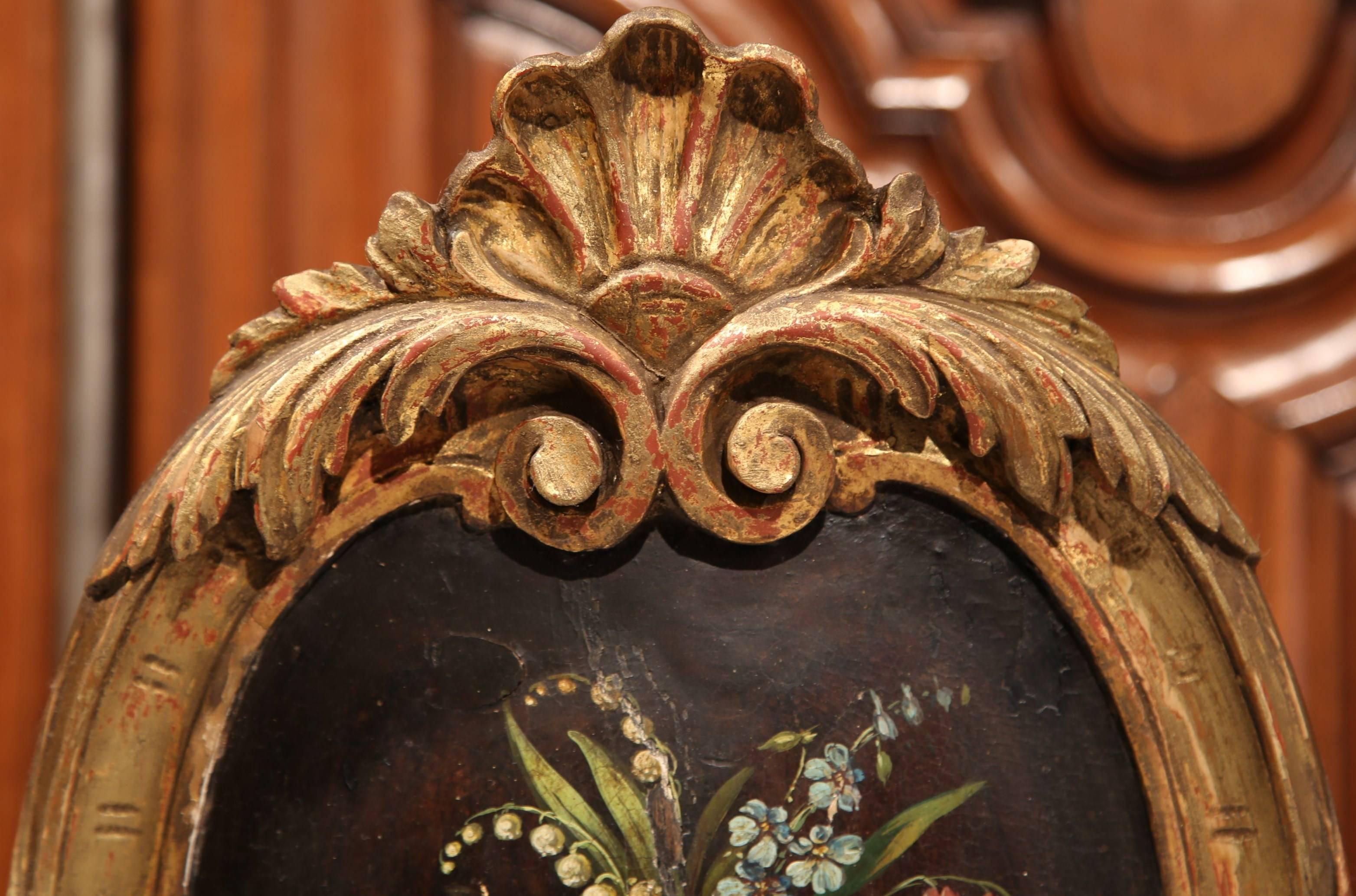 Pair of 19th Century French Carved Gilt Sconces with Painted Floral Medallions 2