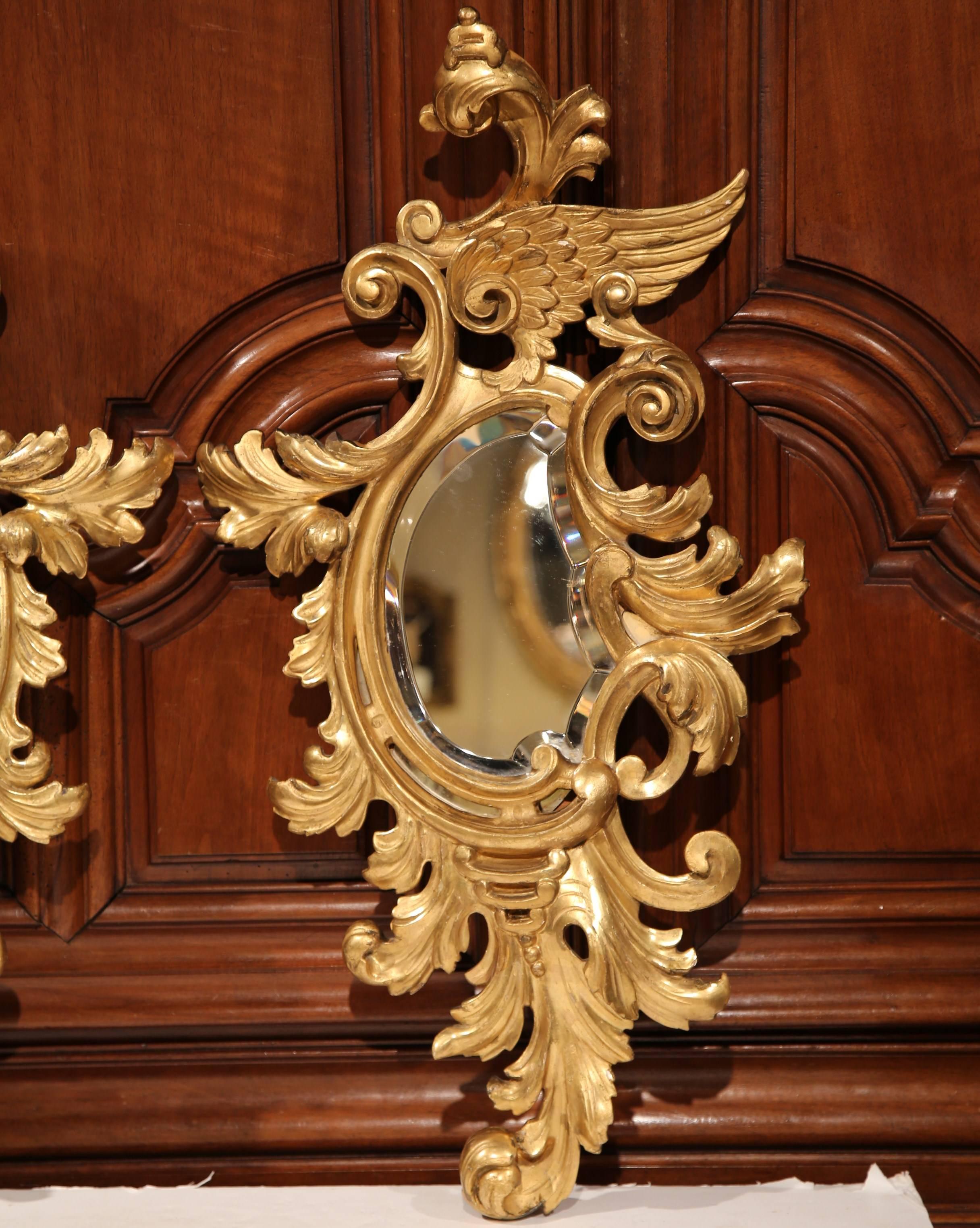 Pair of Mid-19th Century French Louis XV Carved Giltwood Beveled Mirrors In Excellent Condition In Dallas, TX
