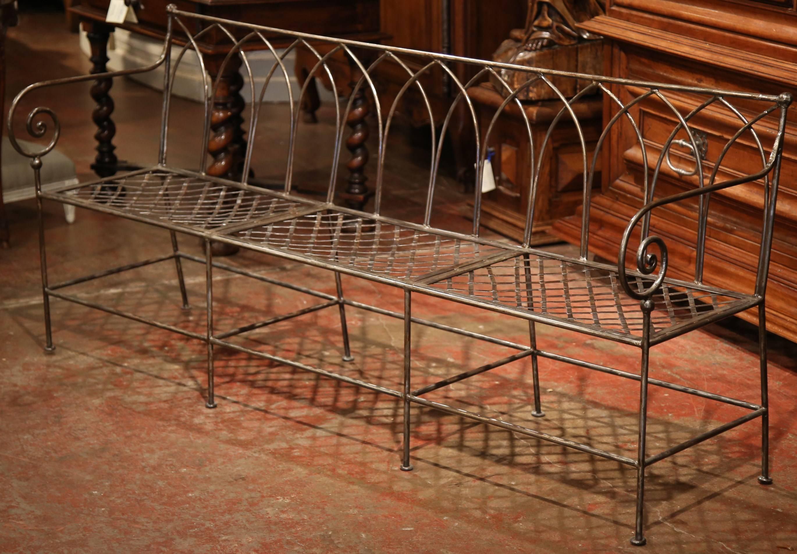 Forged French Empire Style Polished Wrought Iron Three-Seat Bench