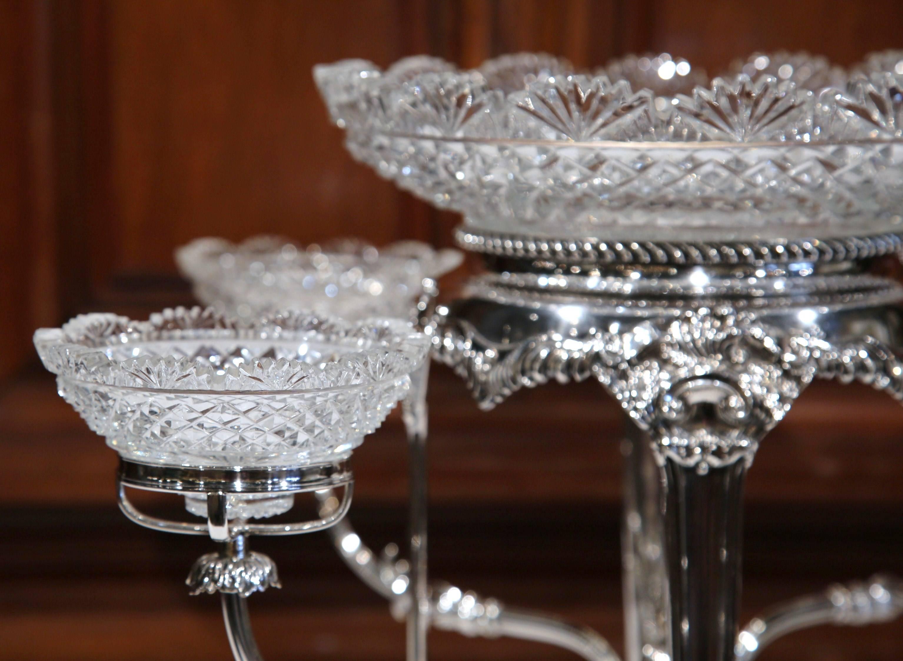 Silver Plate 19th Century English George III Style Silver-Plated and Cut-Glass Epergne