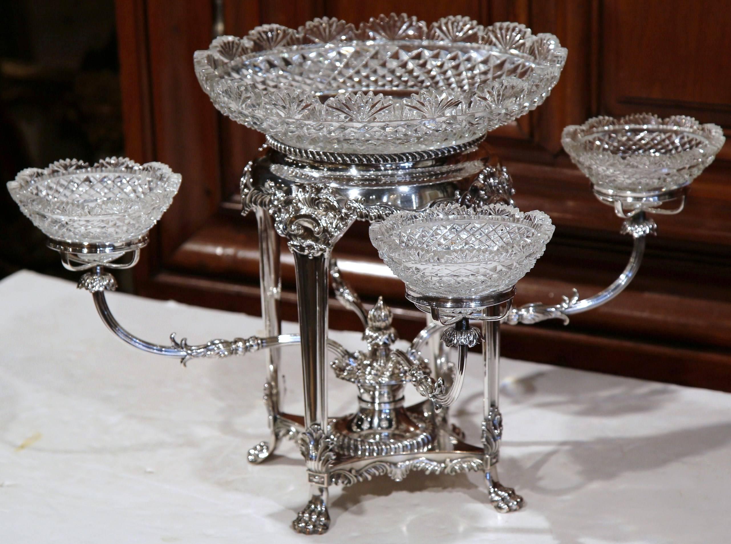 19th Century English George III Style Silver-Plated and Cut-Glass Epergne In Excellent Condition In Dallas, TX