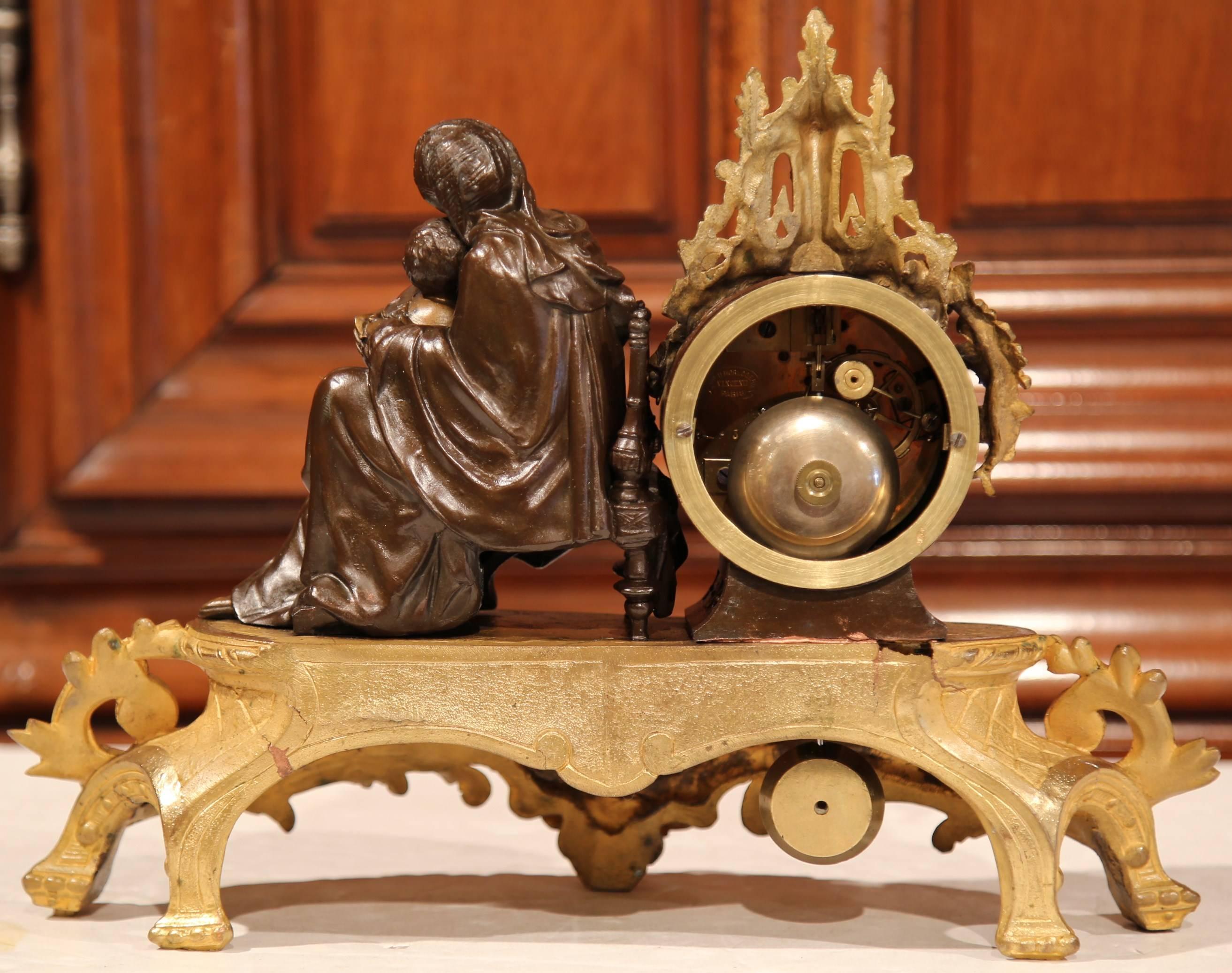 19th Century French Louis XV Bronze Mantel or Desk Clock with Mother and Child 2