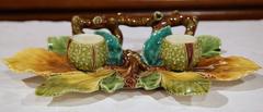 19th Century, French Hand-painted Barbotine Salt and Pepper Tray from Luneville