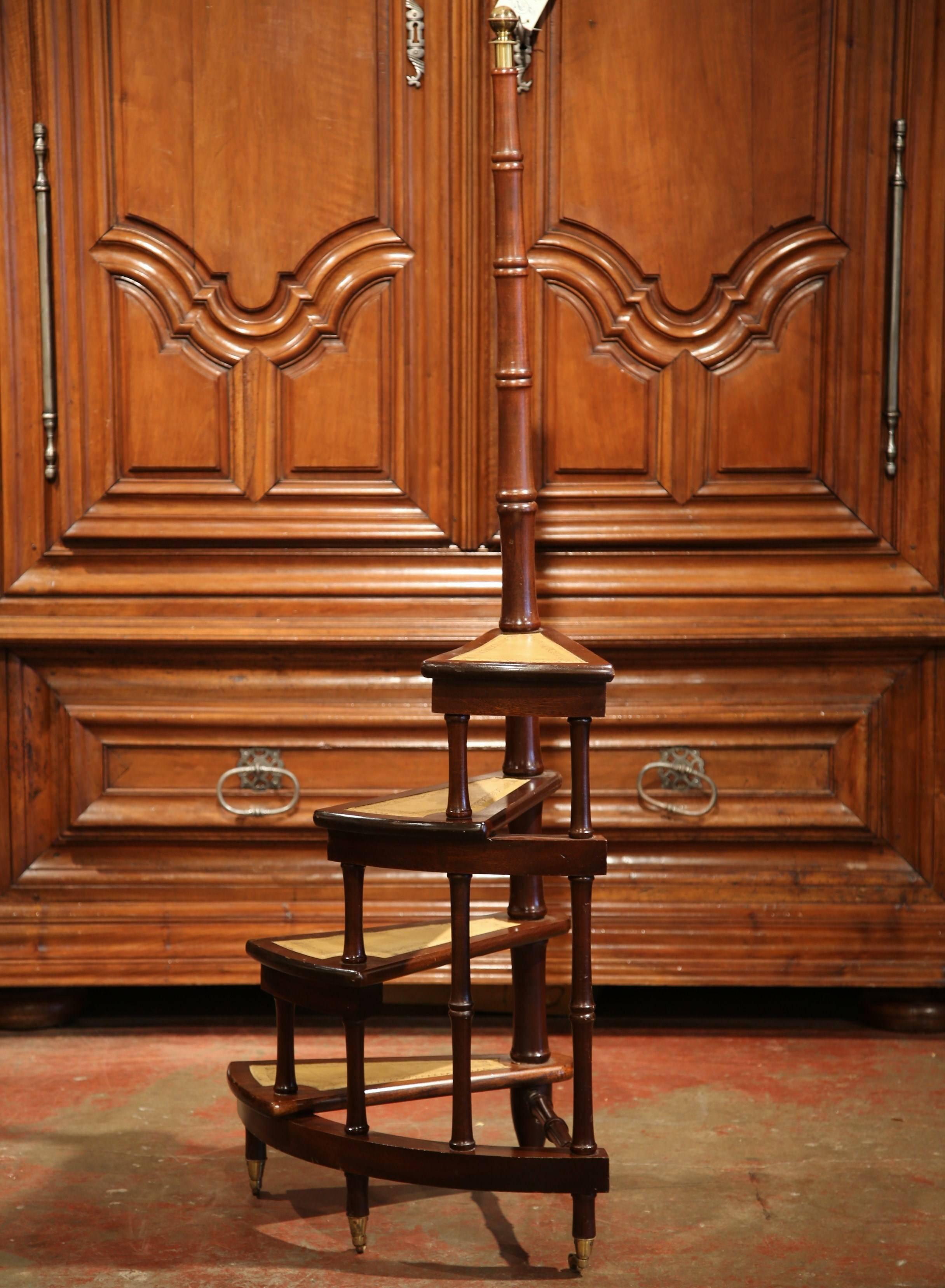 Hand-Carved Mid-20th Century, English Library Spiral Step Ladder with Four Leather Stairs