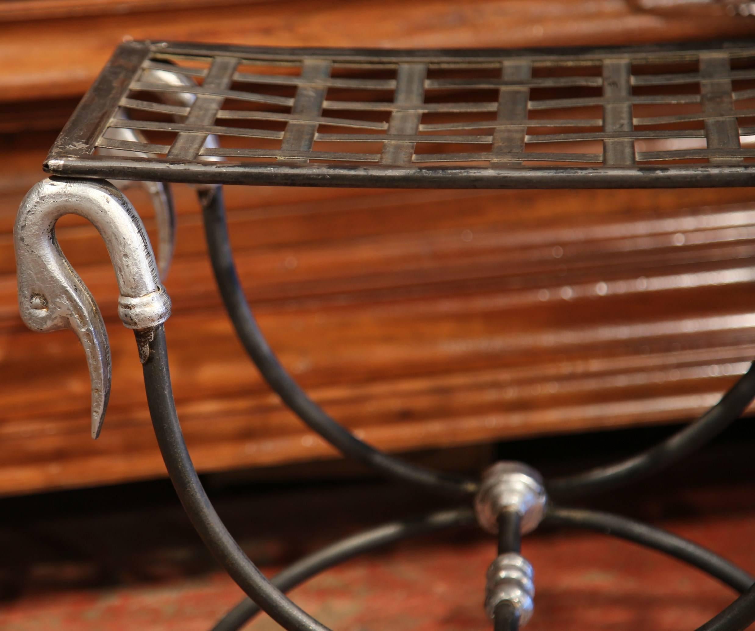 Forged Early 20th Century, French Polished Iron Stool with Swan Faces