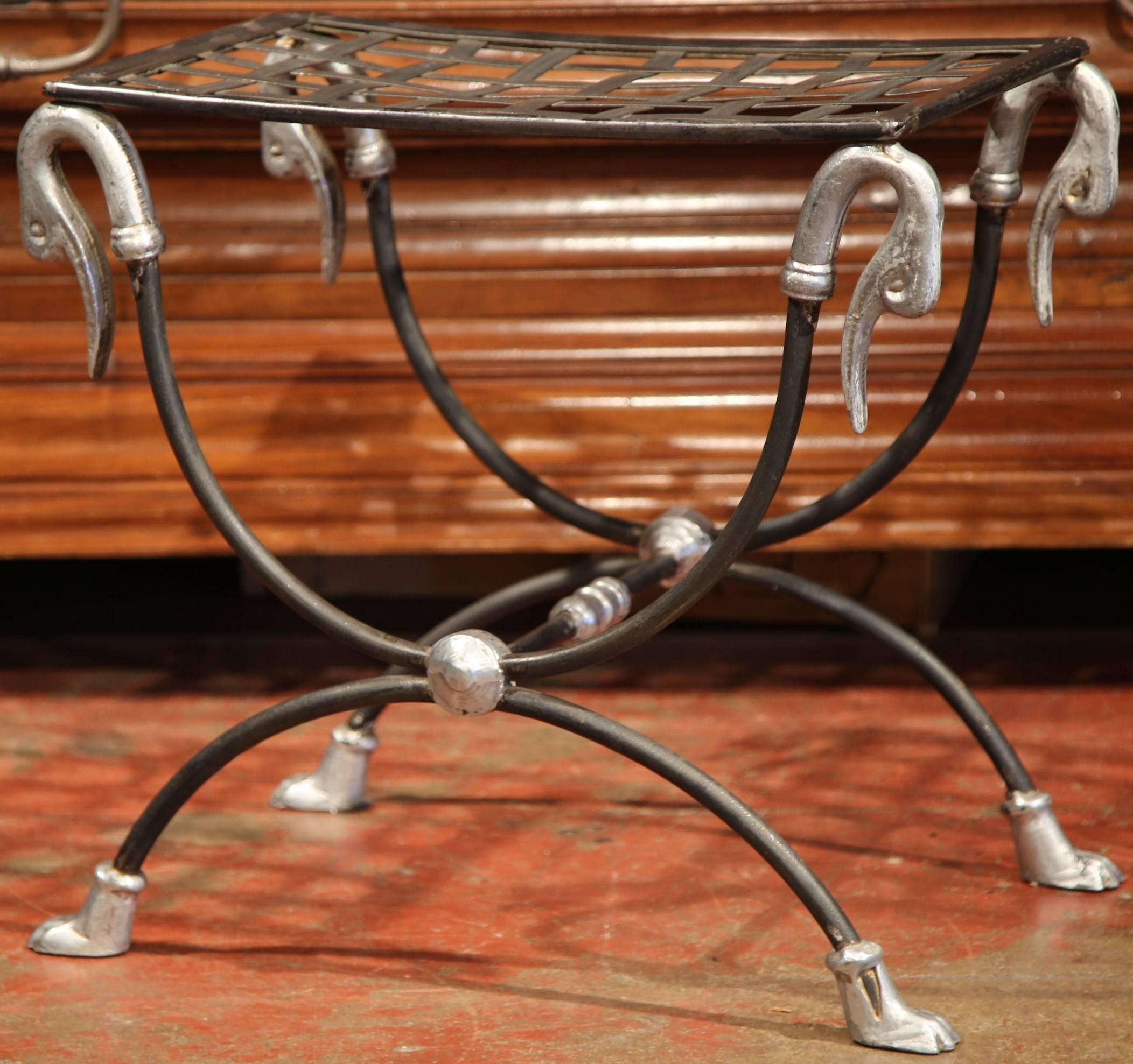Early 20th Century, French Polished Iron Stool with Swan Faces In Excellent Condition In Dallas, TX