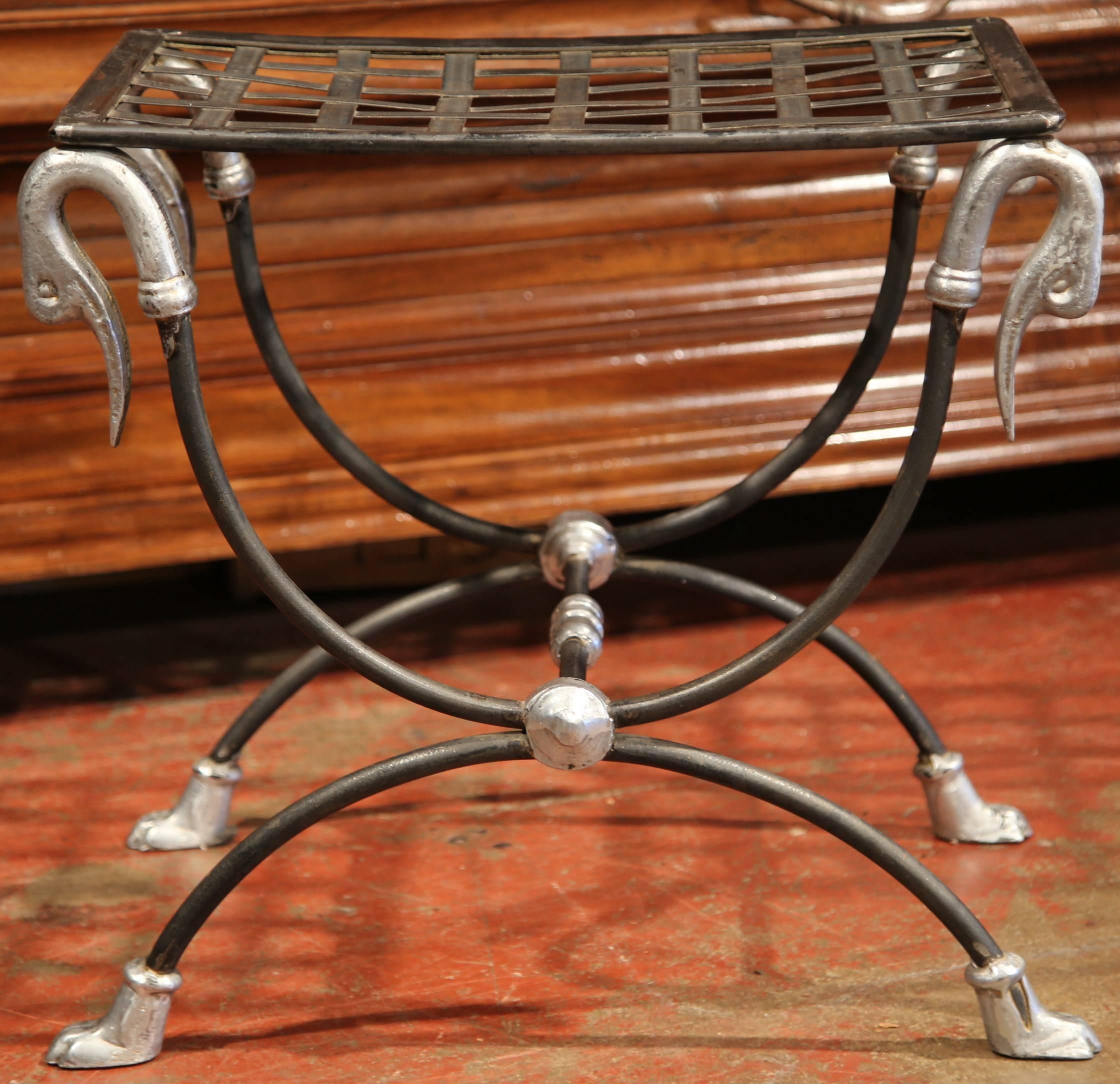 Gothic Early 20th Century, French Polished Iron Stool with Swan Faces