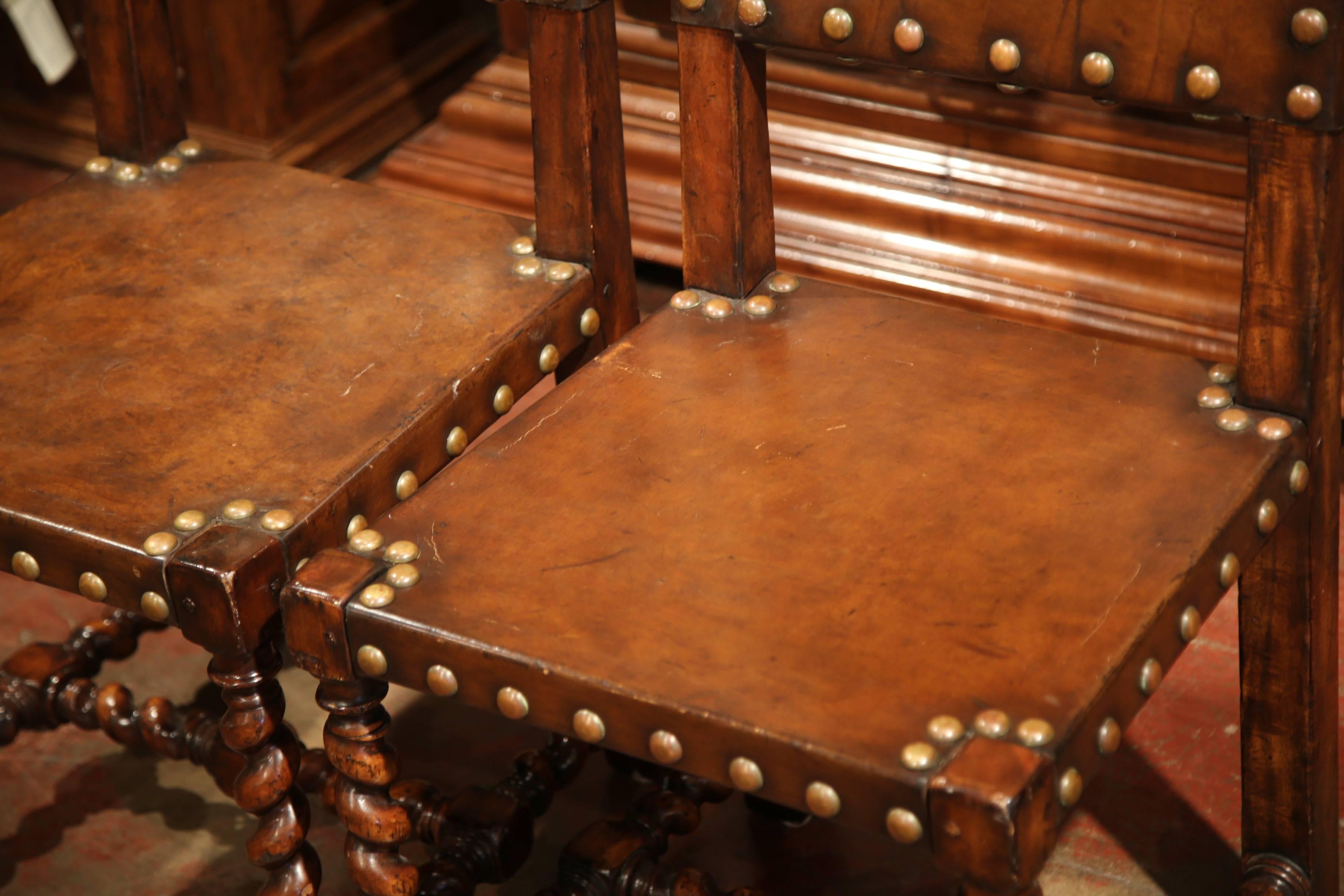 Hand-Carved Pair of Early 20th Century Spanish Walnut Barley Twist Chairs with Brown Leather