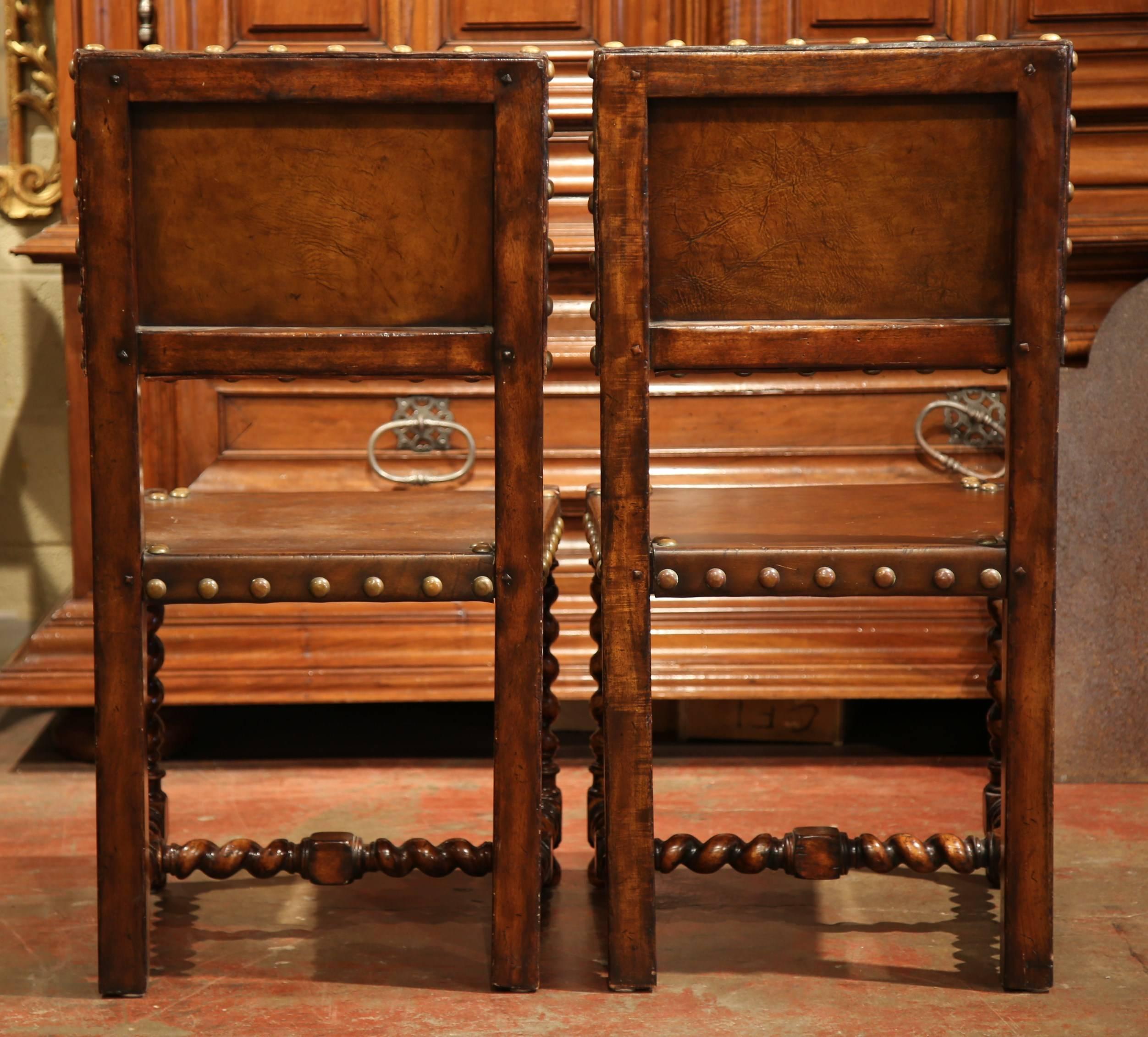 Pair of Early 20th Century Spanish Walnut Barley Twist Chairs with Brown Leather 5